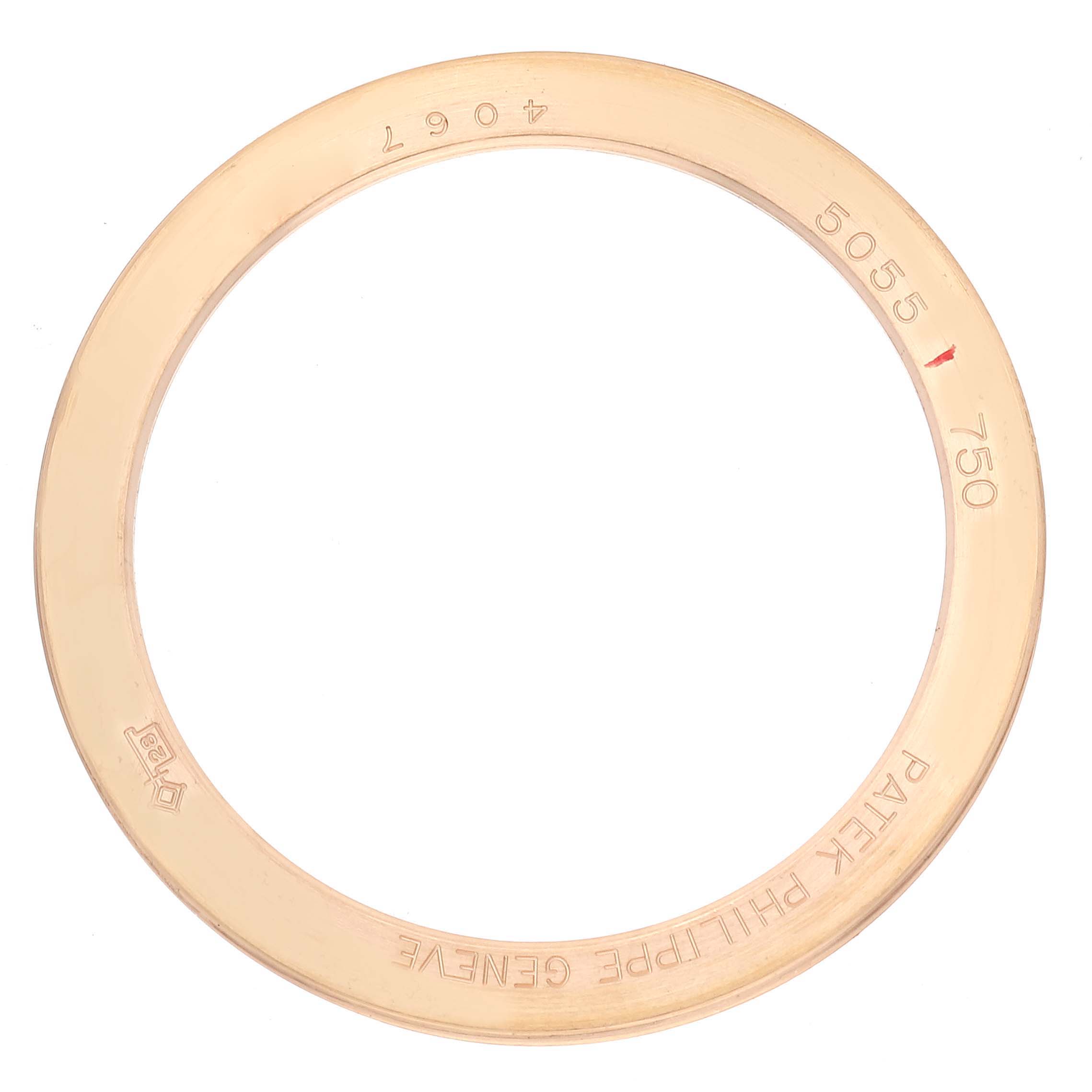 This image shows a gold bezel marked with "Patek Philippe Genève" and model number "5055" for the Complications model by Patek Philippe.