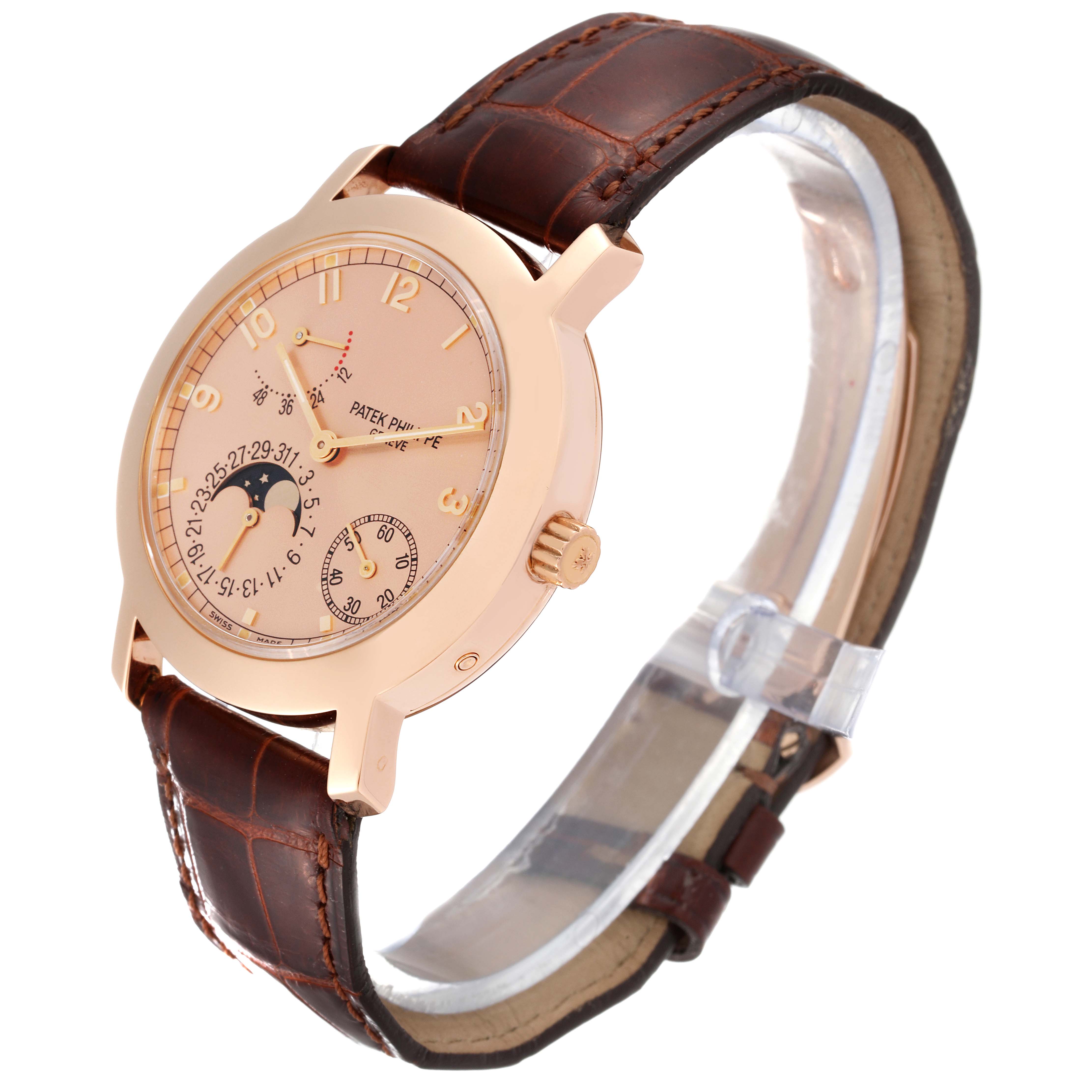The Patek Philippe Complications 5055R-001 Men's Rose Gold Champagne Dial 5055R-001 Men's Rose Gold Champagne Dial model watch is displayed at a slight angle showing the front dial, crown, and brown leather strap.