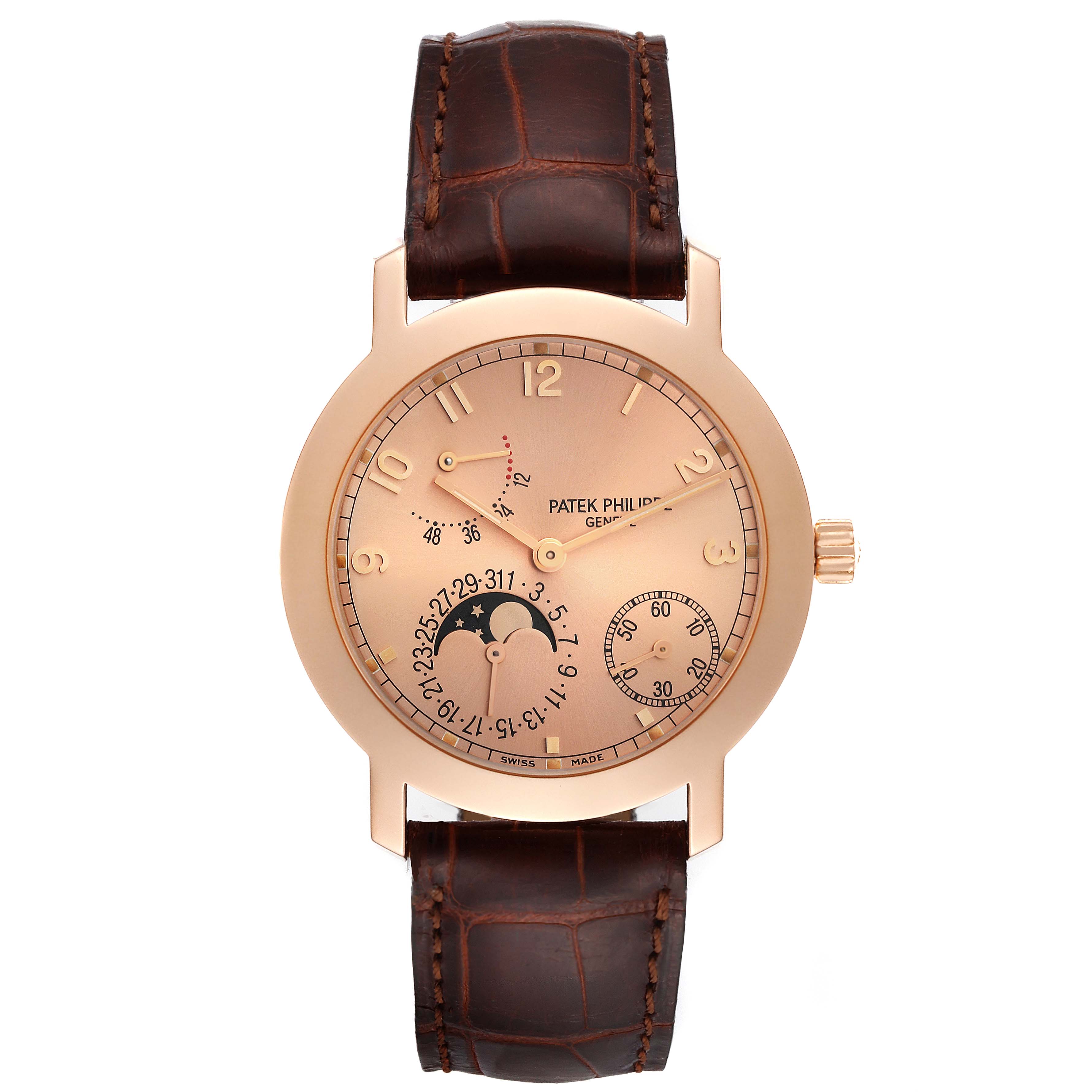 This image shows a front view of the Patek Philippe Complications 5055R-001 Men's Rose Gold Champagne Dial 5055R-001 Men's Rose Gold Champagne Dial watch, featuring its dial and leather strap.