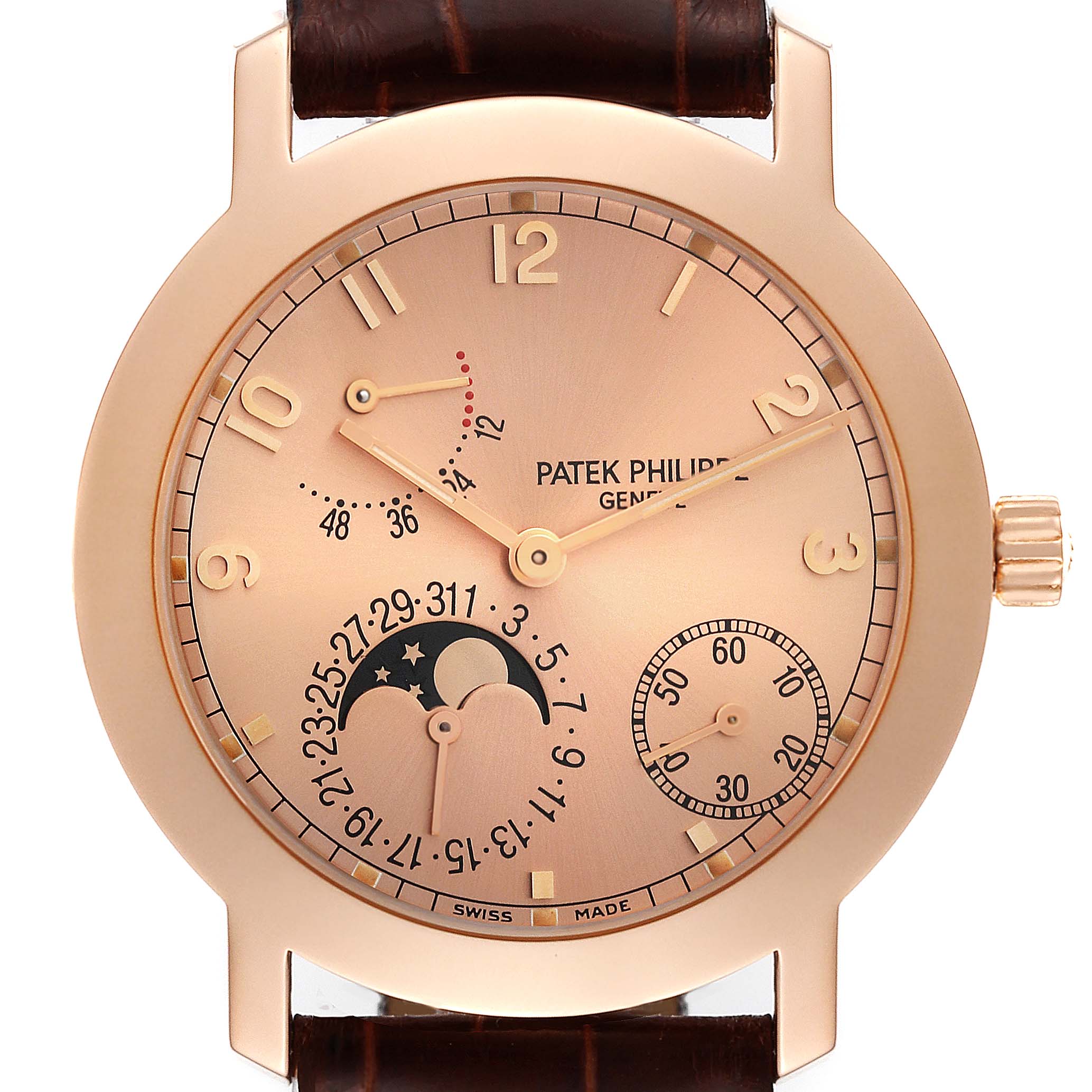 The image shows a frontal view of the Patek Philippe Complications 5055R-001 Men's Rose Gold Champagne Dial 5055R-001 Men's Rose Gold Champagne Dial model watch, displaying its dial, hour markers, and complications.