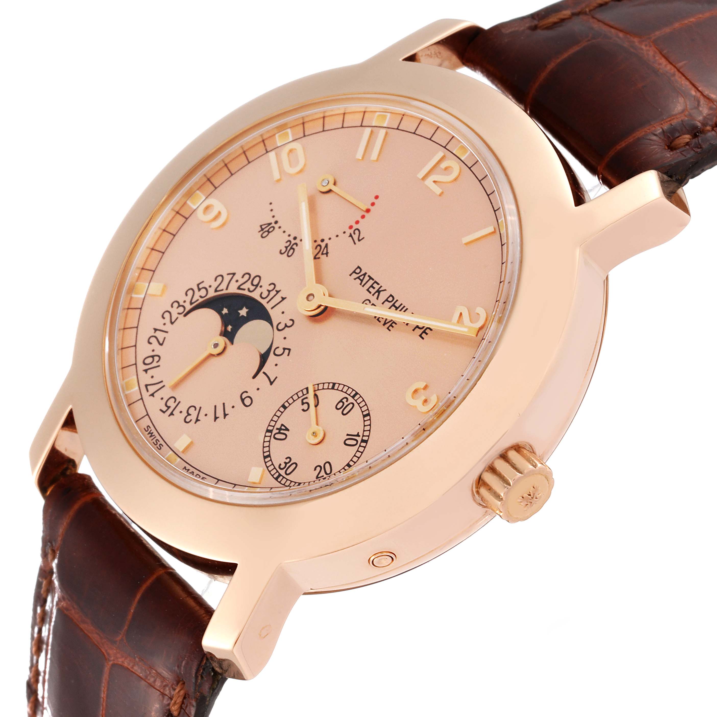 This image shows a side angle of the Patek Philippe Complications 5055R-001 Men's Rose Gold Champagne Dial 5055R-001 Men's Rose Gold Champagne Dial watch, highlighting the face, crown, and brown leather strap.