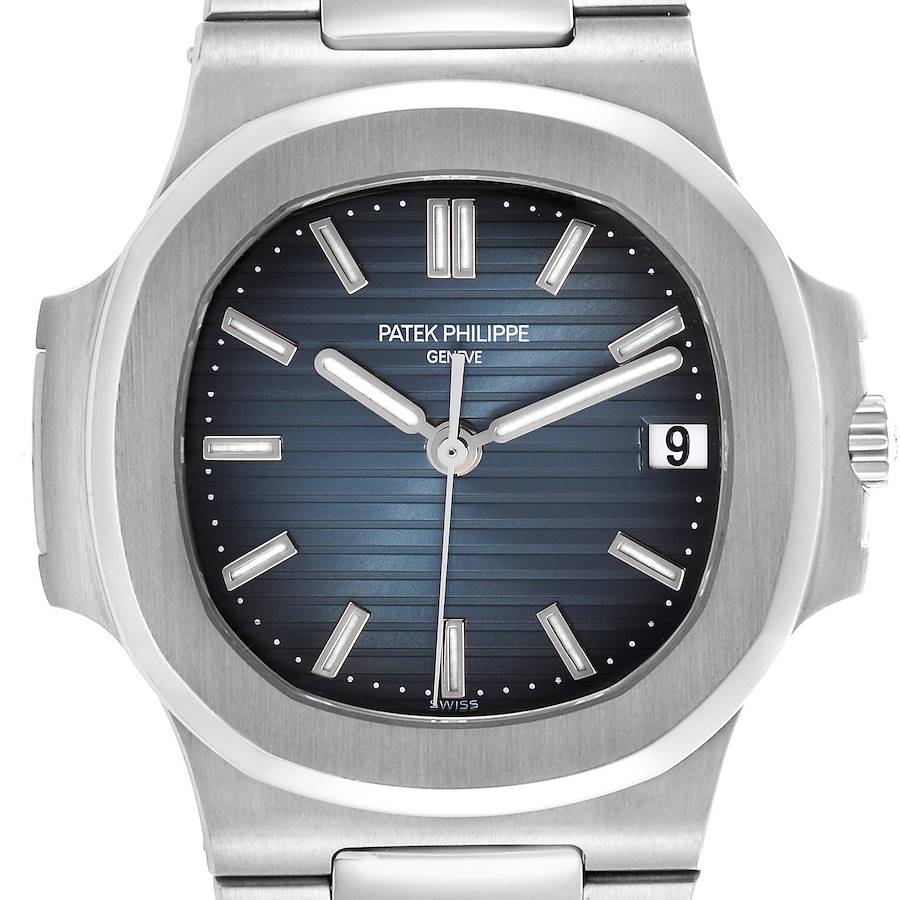 The watch, a Patek Philippe Nautilus, is shown from a front angle, displaying the dial, hands, hour markers, and date window.