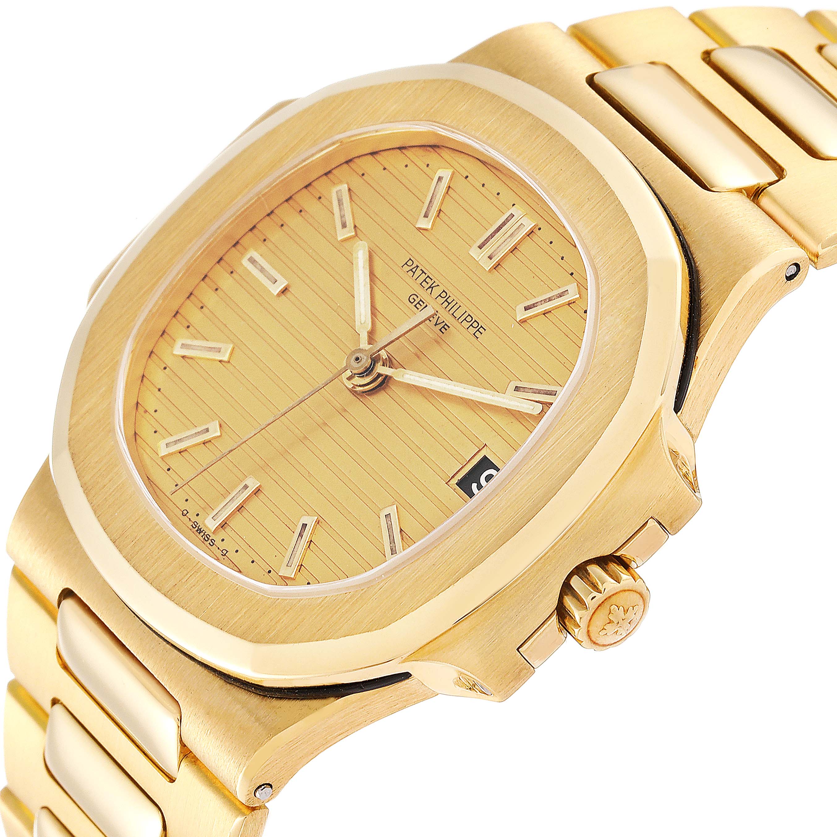 The image shows a close-up view of the face and side of a gold Patek Philippe Nautilus 3800/1J Men's Yellow Gold Champagne Dial 3800/1J Men's Yellow Gold Champagne Dial watch, highlighting the dial, crown, and bracelet.