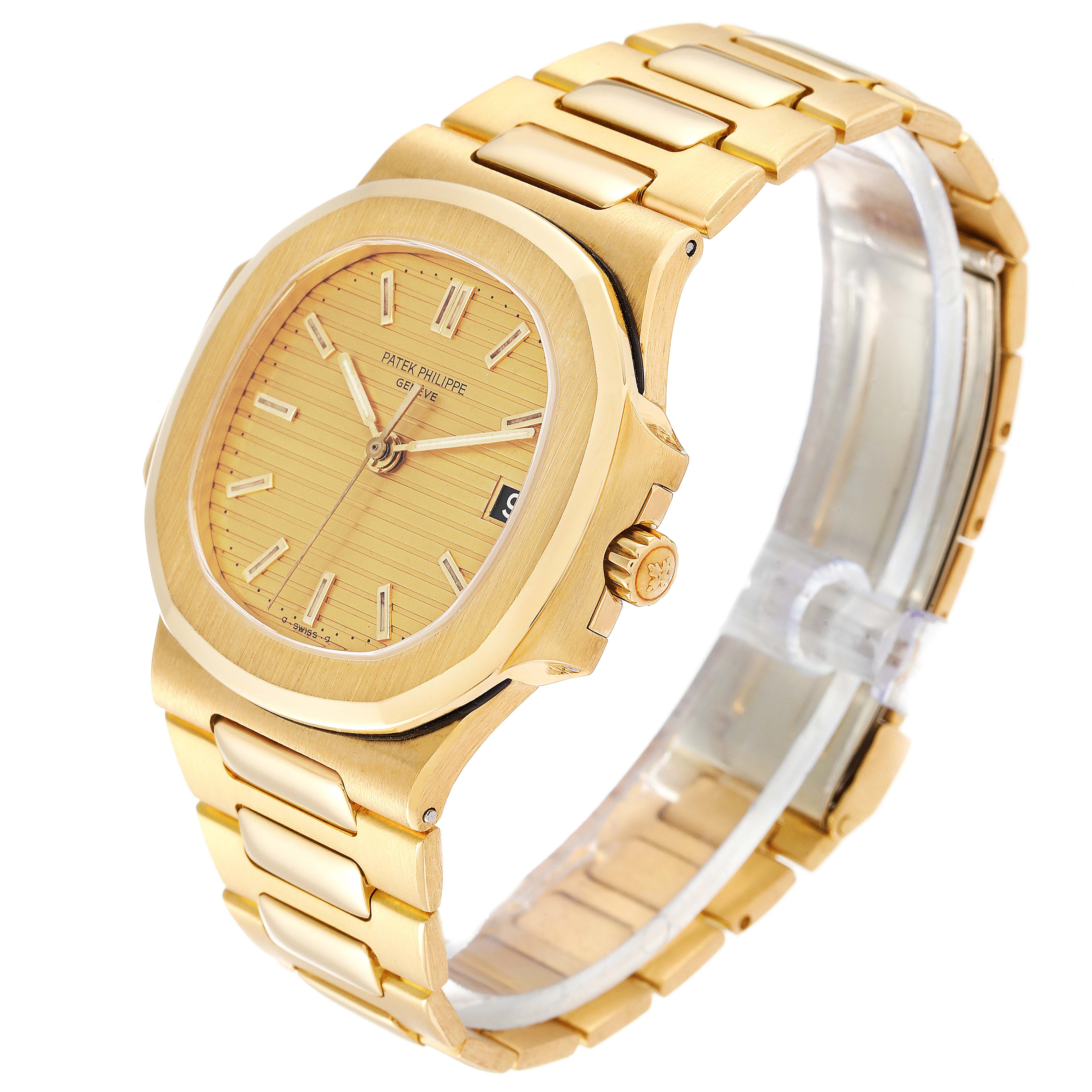This image shows a side view of the Patek Philippe Nautilus 3800/1J Men's Yellow Gold Champagne Dial 3800/1J Men's Yellow Gold Champagne Dial watch, featuring its face, bezel, crown, and bracelet.
