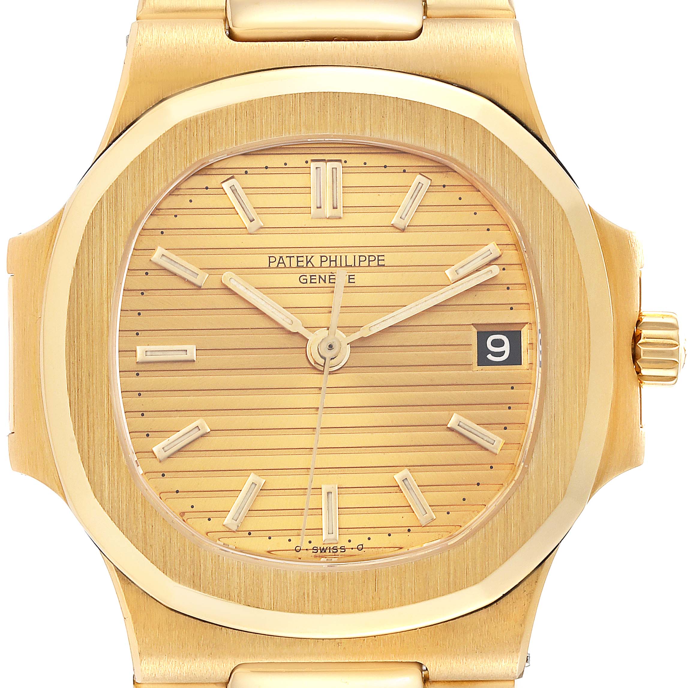 This Patek Philippe Nautilus 3800/1J Men's Yellow Gold Champagne Dial 3800/1J Men's Yellow Gold Champagne Dial watch is shown from a front angle, displaying its gold case, dial, hands, and date window.