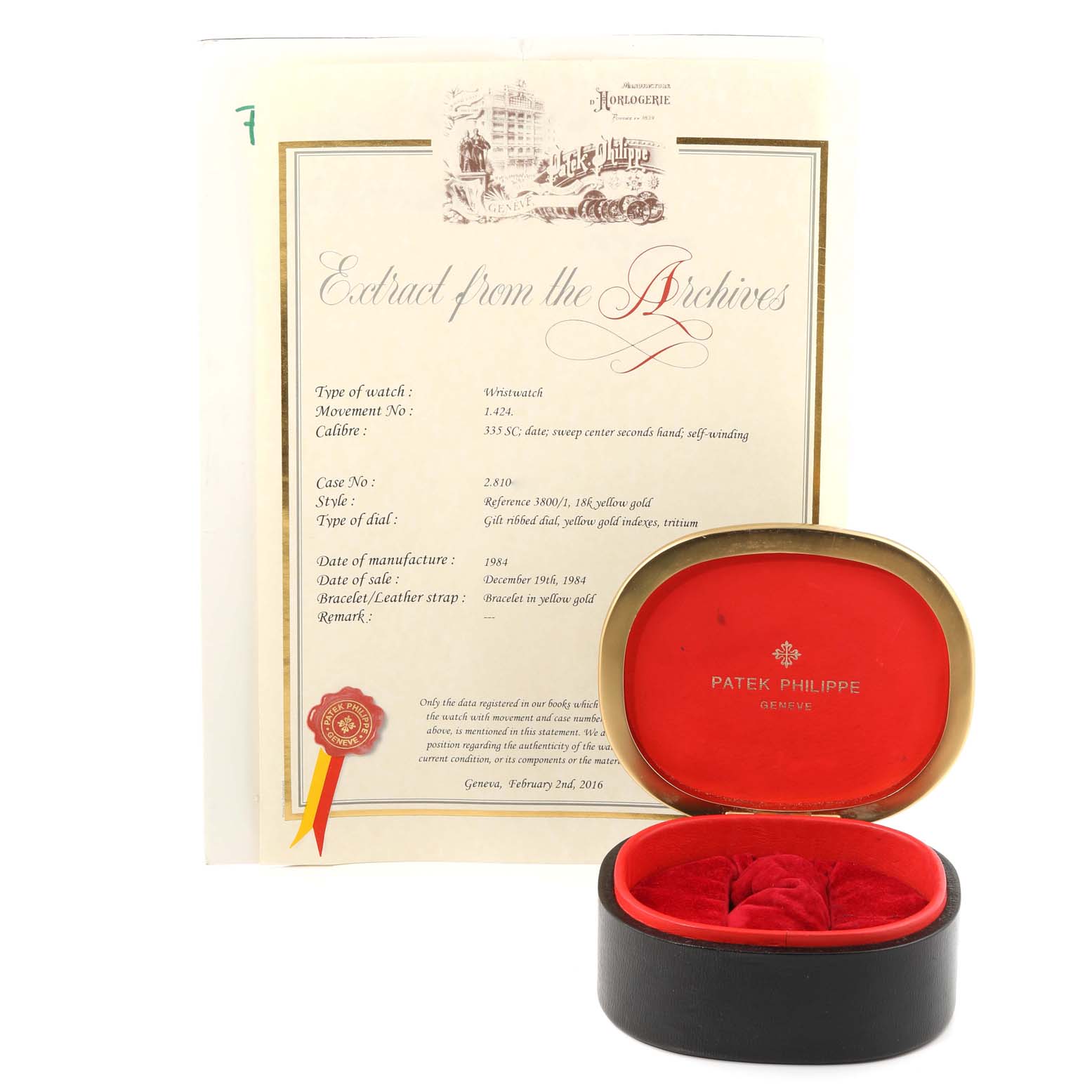 The image shows a Patek Philippe Nautilus 3800/1J Men's Yellow Gold Champagne Dial 3800/1J Men's Yellow Gold Champagne Dial watch's certificate and an open watch box with internal padding.