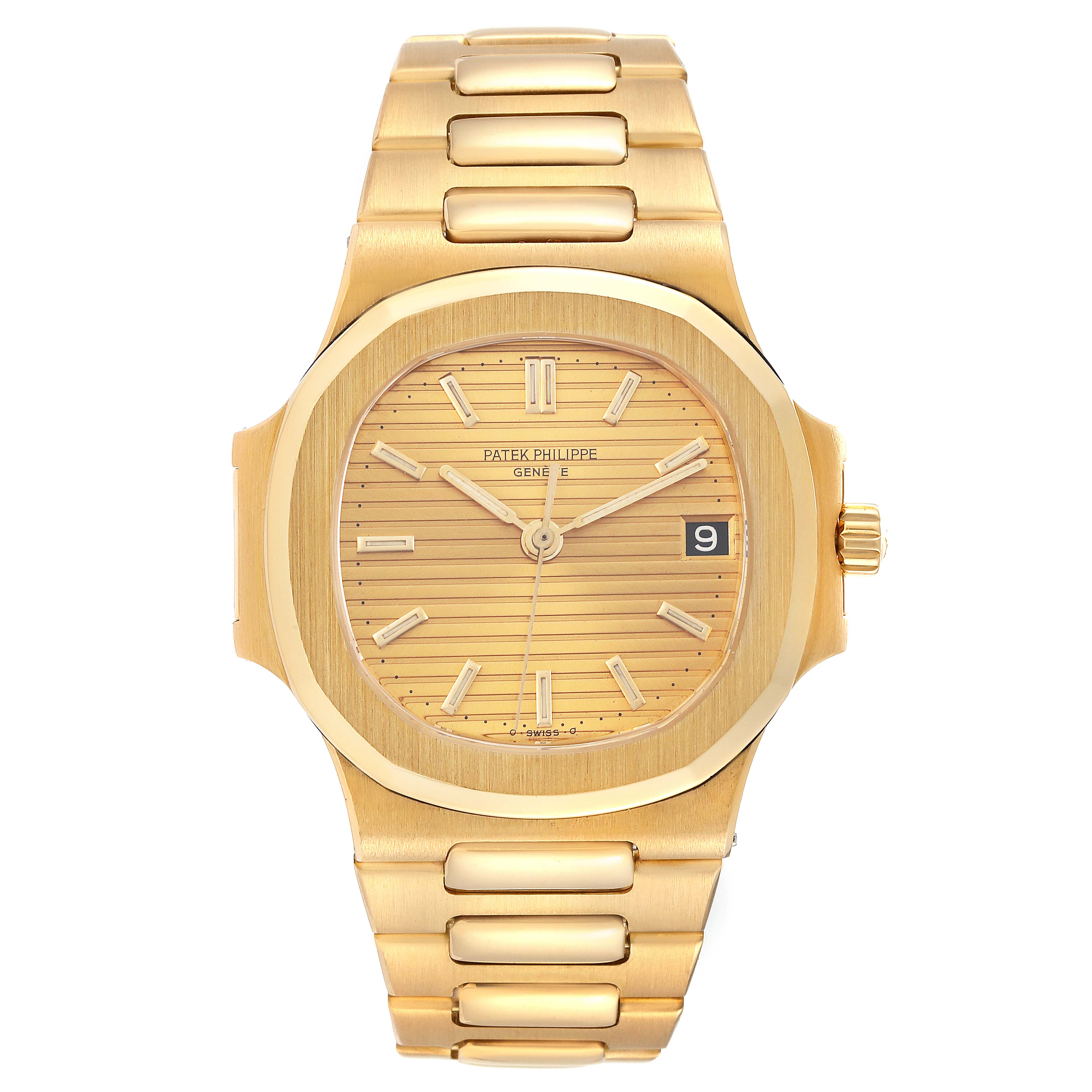 The image shows a front view of a Patek Philippe Nautilus 3800/1J Men's Yellow Gold Champagne Dial 3800/1J Men's Yellow Gold Champagne Dial watch, displaying the dial, bracelet, and bezel.