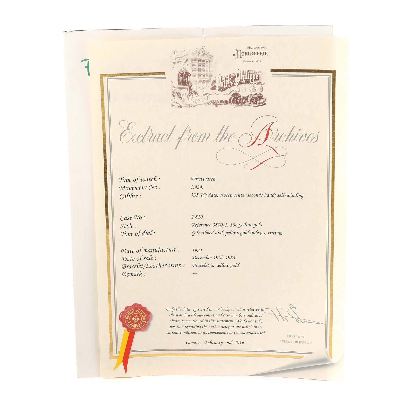 This image shows an official document, "Extract from the Archives," for a Patek Philippe Nautilus 3800/1J Men's Yellow Gold Champagne Dial 3800/1J Men's Yellow Gold Champagne Dial watch, detailing its specifications and history.