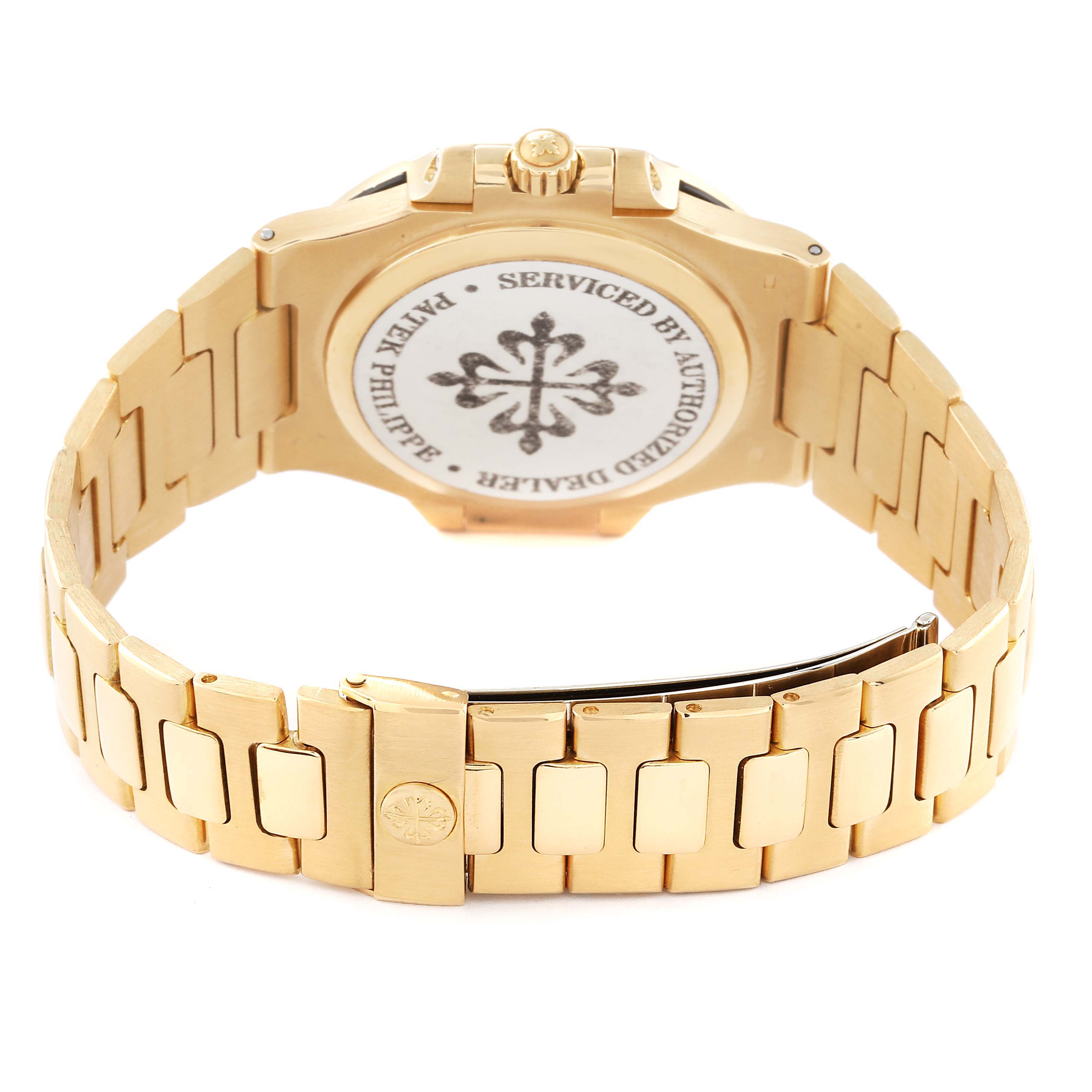 The image shows the back view of a Patek Philippe Nautilus 3800/1J Men's Yellow Gold Champagne Dial 3800/1J Men's Yellow Gold Champagne Dial watch, focusing on the bracelet and case back.