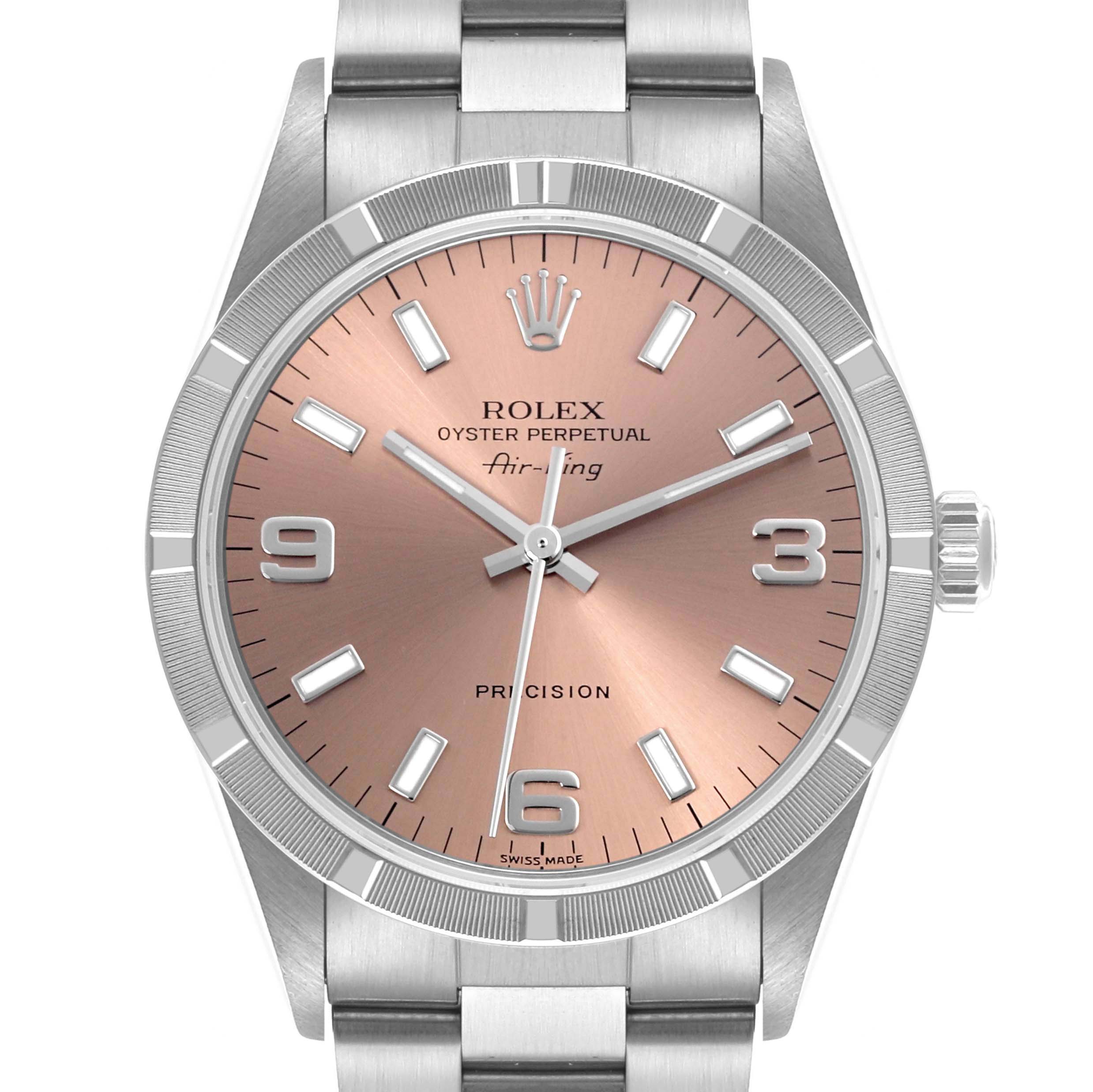 The Rolex Air-King 14010 Men's Stainless Steel Pink Dial 14010 Men's Stainless Steel Pink Dial watch is shown from the front, featuring the dial, bezel, case, and part of the bracelet.