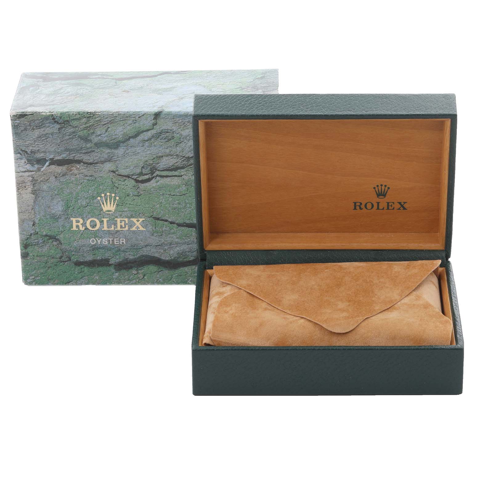 The image shows a Rolex Air-King 14010 Men's Stainless Steel Pink Dial 14010 Men's Stainless Steel Pink Dial watch box and pouch, viewed from the front, with the box lid open.
