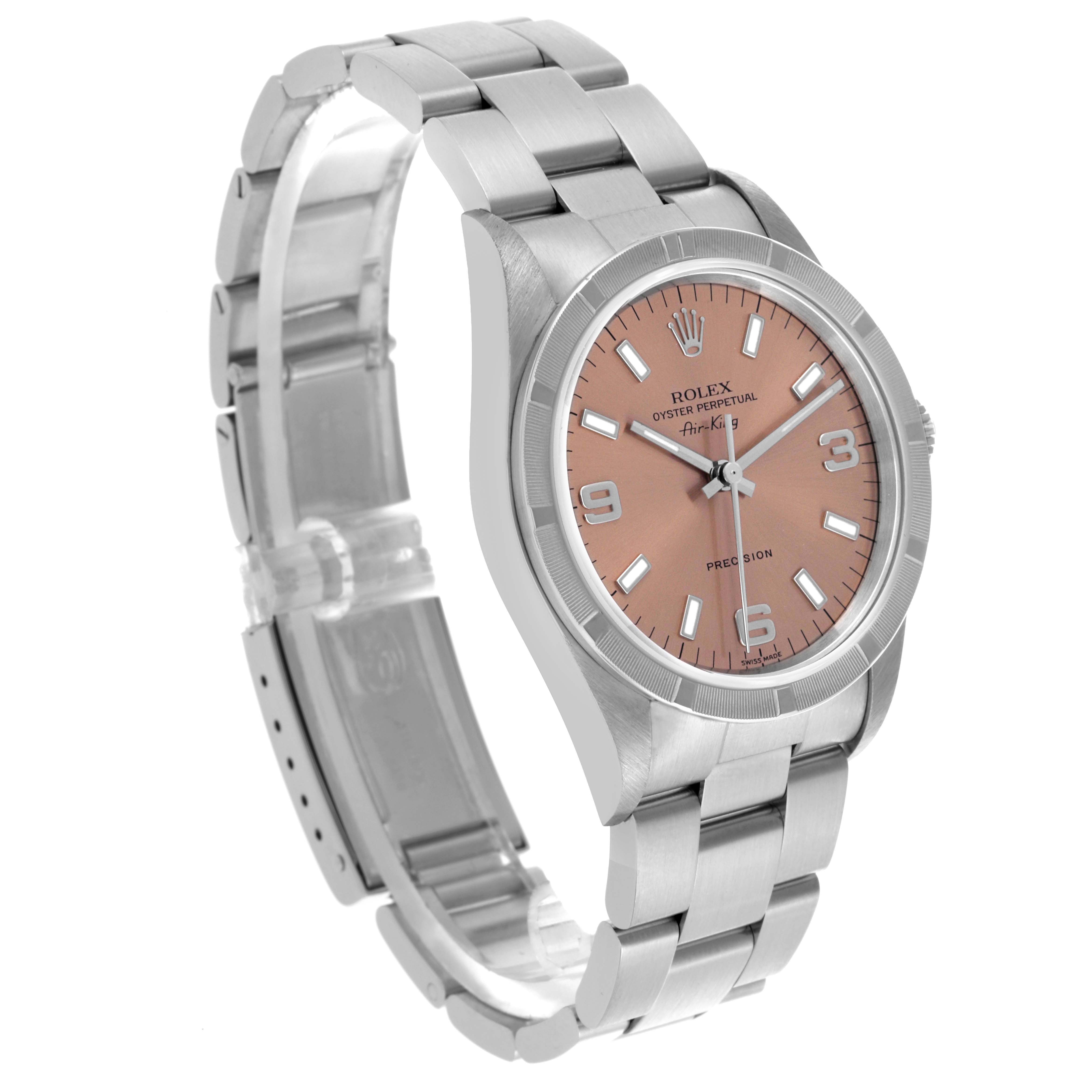 The Rolex Air-King 14010 Men's Stainless Steel Pink Dial 14010 Men's Stainless Steel Pink Dial watch is shown from a three-quarter angle, displaying its face, bezel, and bracelet.