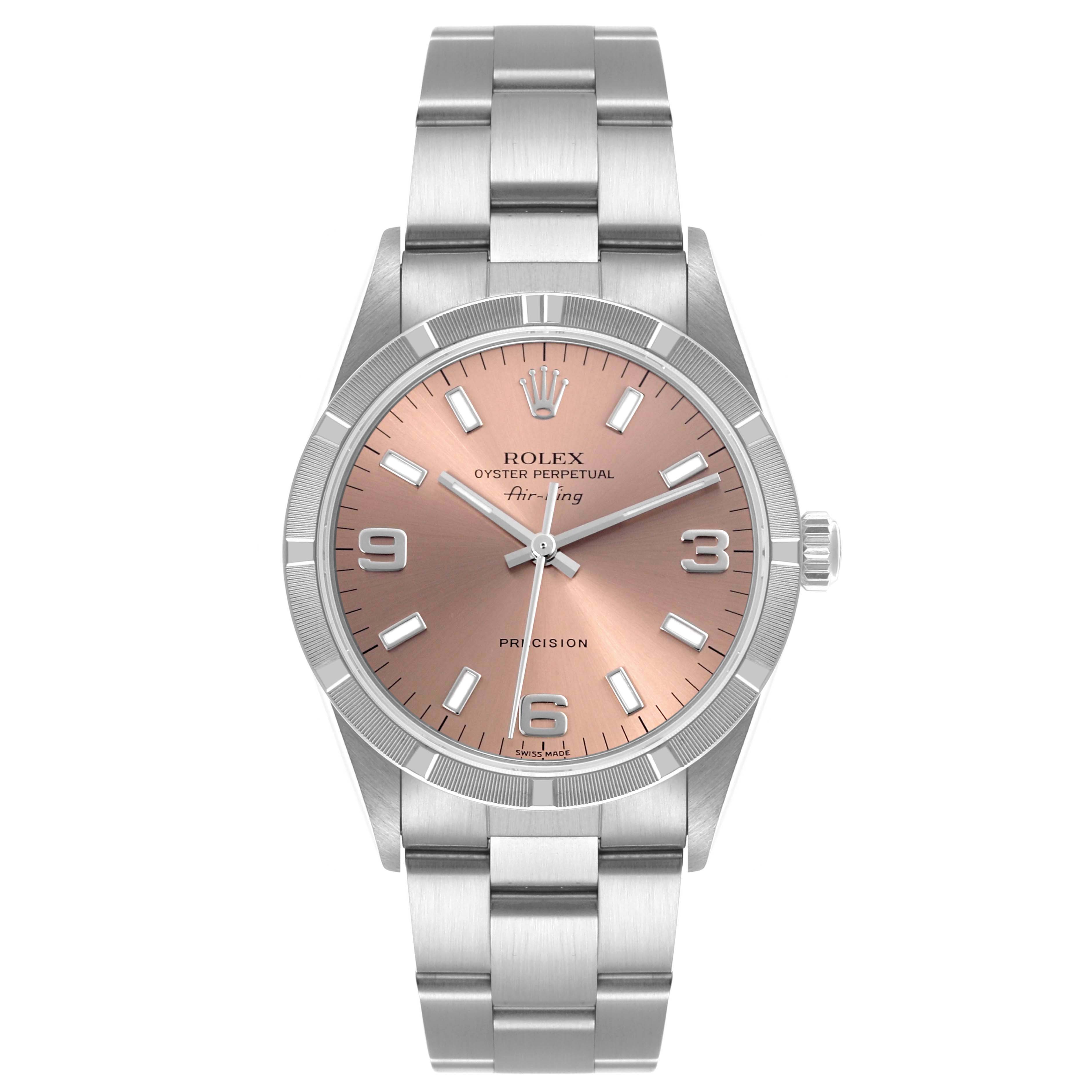 The Rolex Air-King 14010 Men's Stainless Steel Pink Dial 14010 Men's Stainless Steel Pink Dial watch is shown from the front, displaying its dial, bezel, and bracelet in full view.