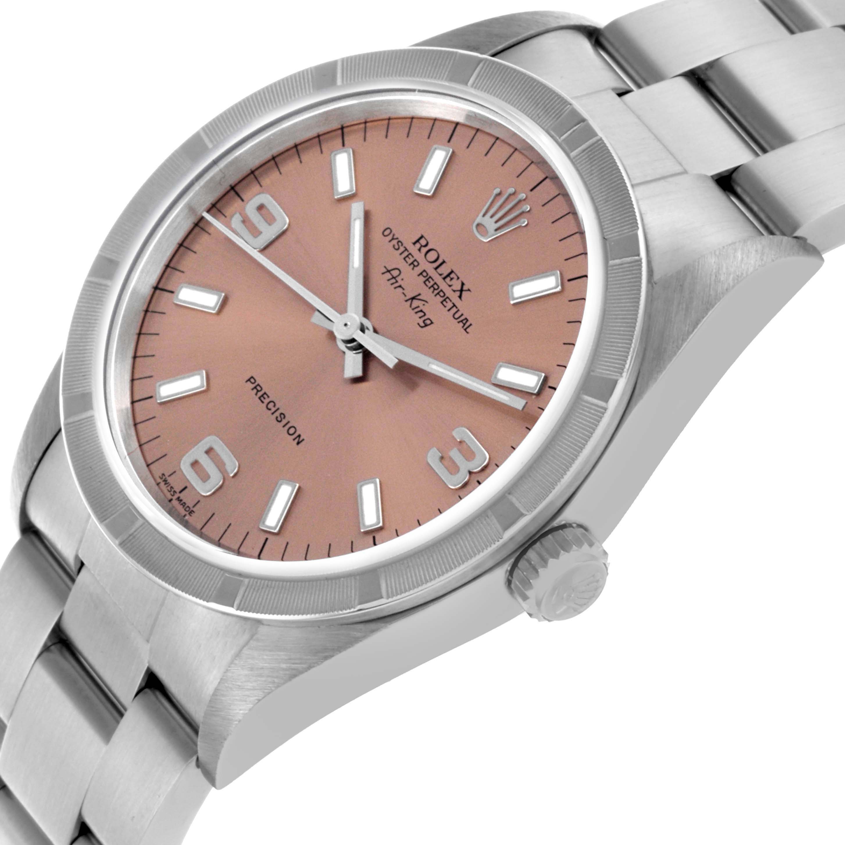 The Rolex Air-King 14010 Men's Stainless Steel Pink Dial 14010 Men's Stainless Steel Pink Dial watch is shown at an angled view highlighting the bezel, crown, and part of the bracelet.