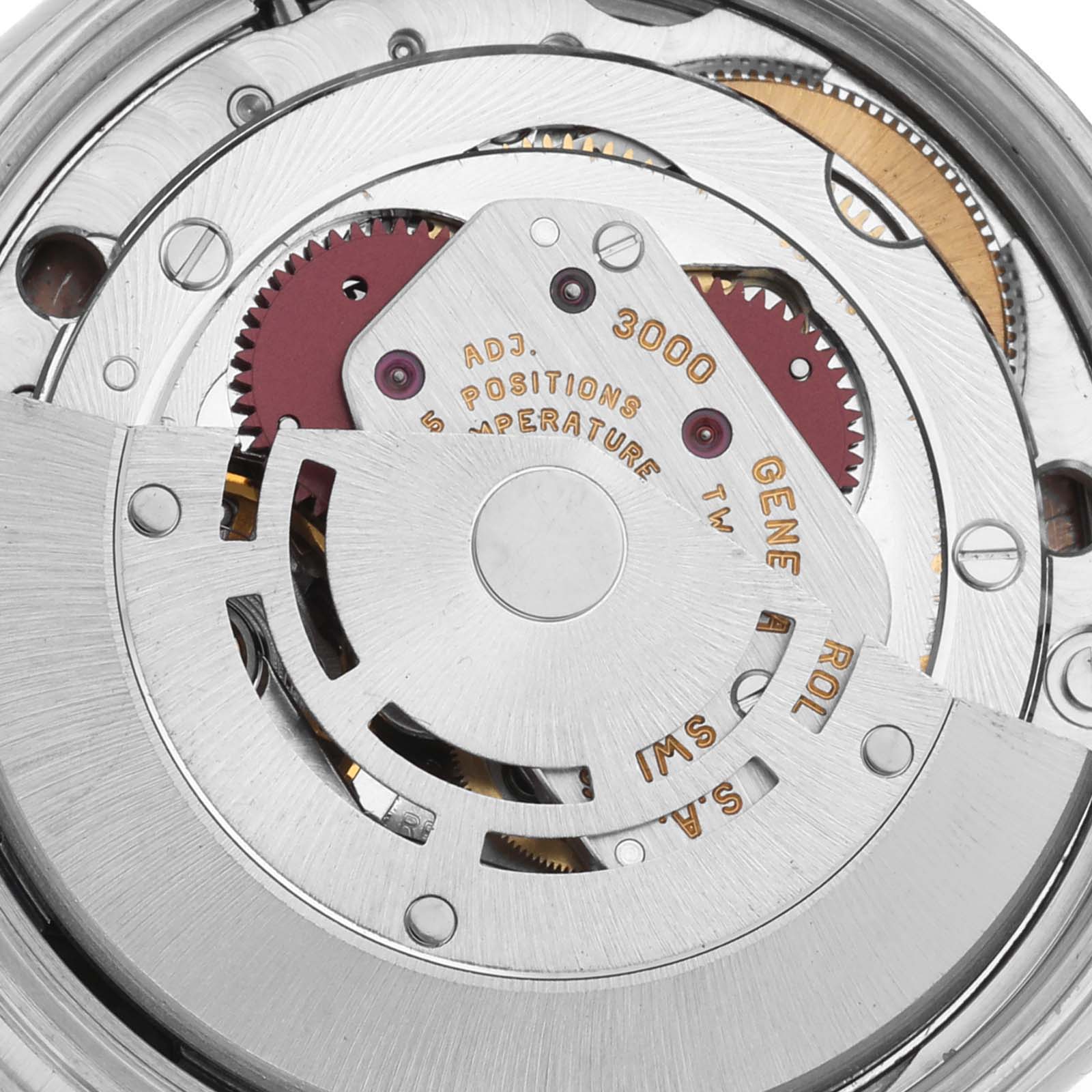 The image shows the movement of a Rolex Air-King 14010 Men's Stainless Steel Pink Dial 14010 Men's Stainless Steel Pink Dial watch, highlighting its intricate gears and components from a close-up angle.