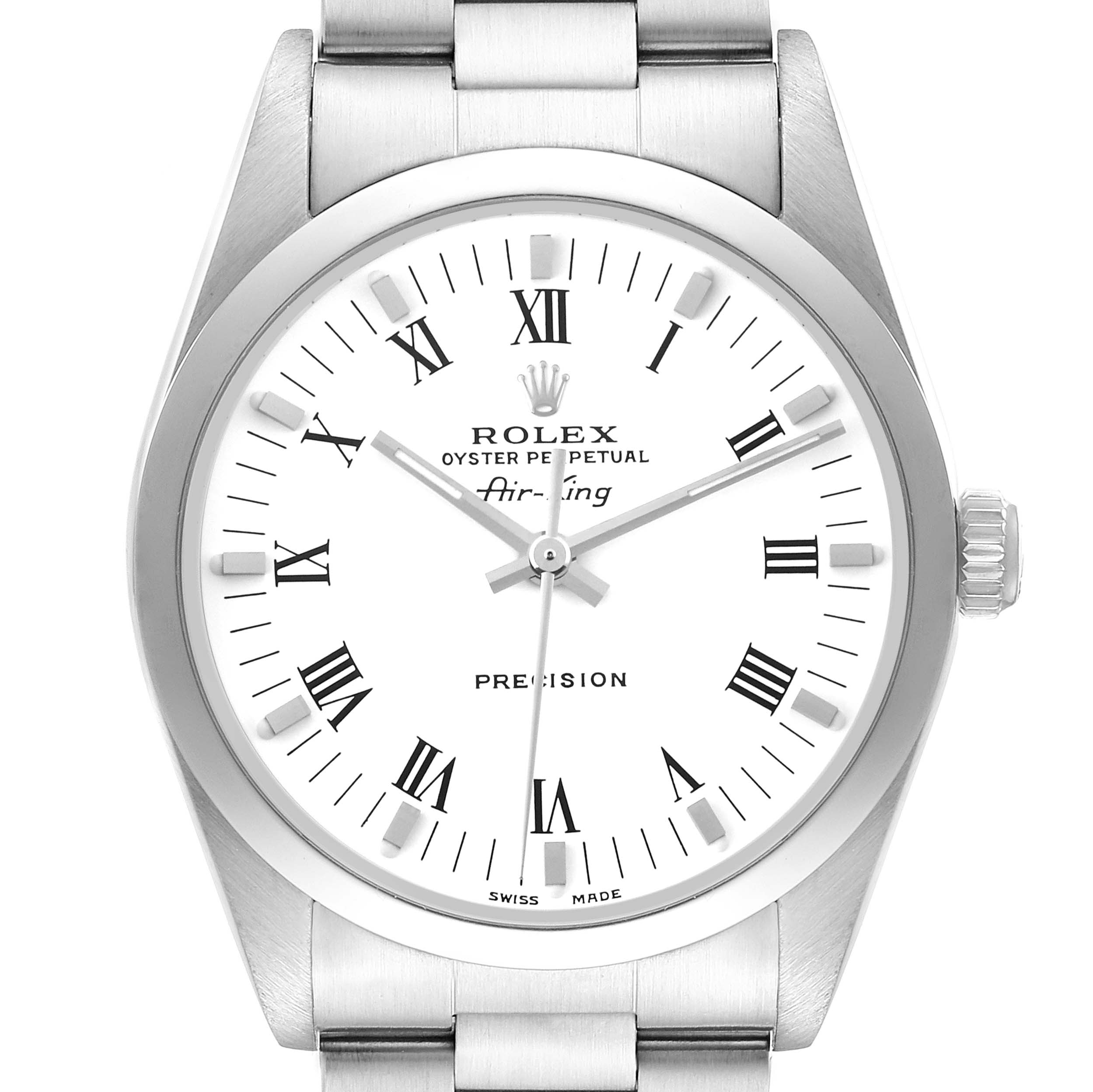 The image shows a front view of the Rolex Air-King 14000 Men's Stainless Steel White Dial 14000 Men's Stainless Steel White Dial watch, displaying the dial, case, and part of the bracelet.
