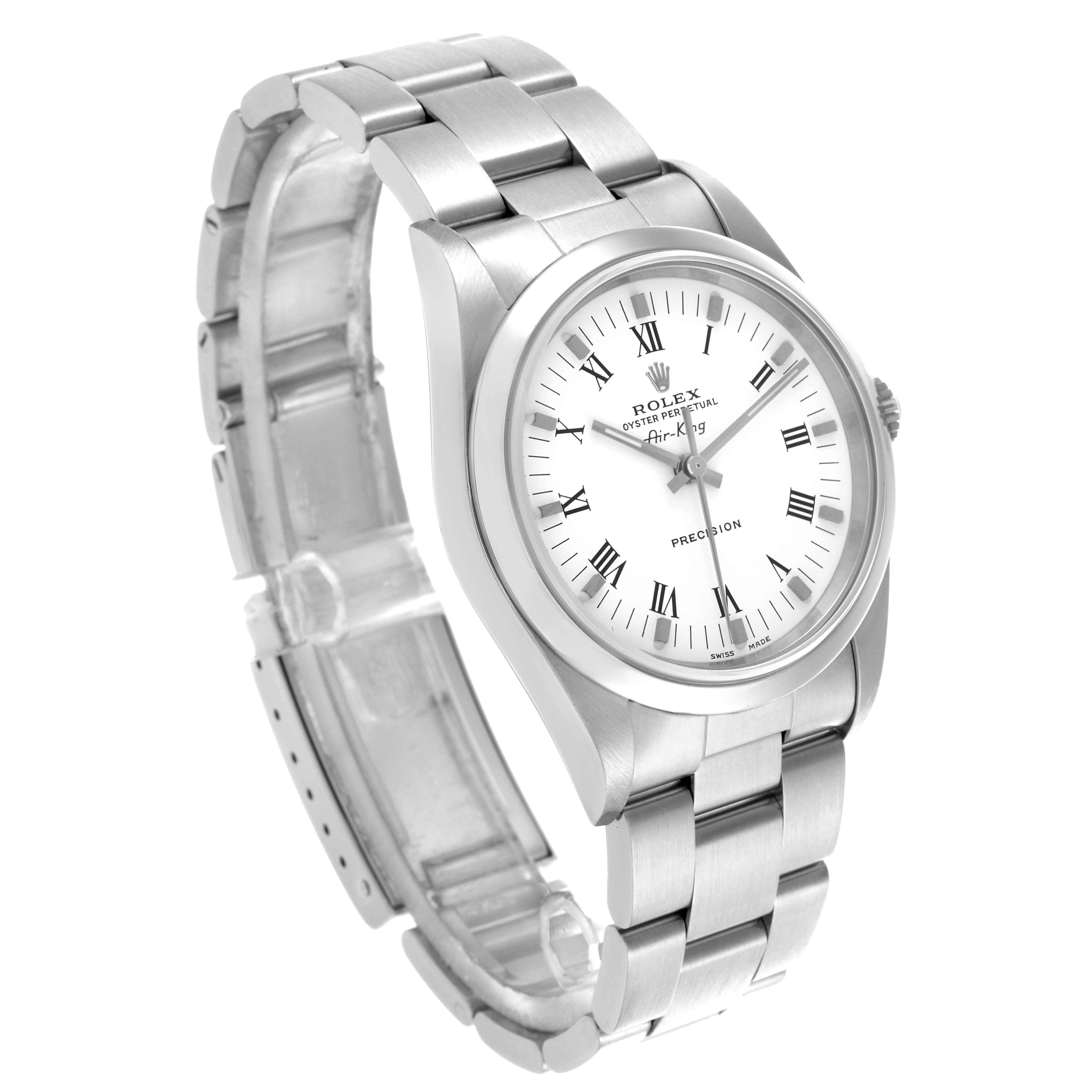 The Rolex Air-King 14000 Men's Stainless Steel White Dial 14000 Men's Stainless Steel White Dial watch is shown at a slight angle, highlighting the face, bezel, and bracelet.
