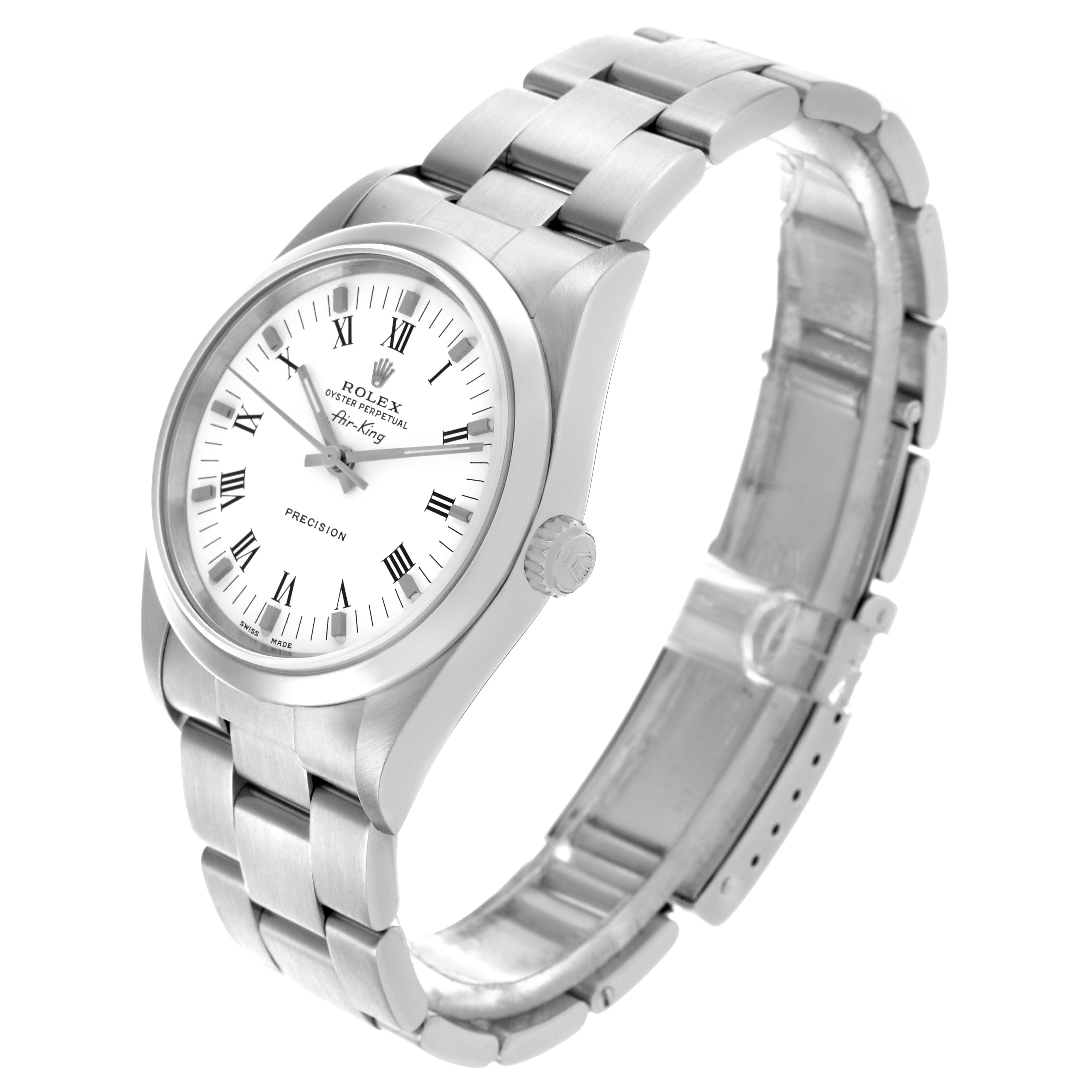 The Rolex Air-King 14000 Men's Stainless Steel White Dial 14000 Men's Stainless Steel White Dial is shown at an angle highlighting the face, bracelet, and clasp from a side perspective.