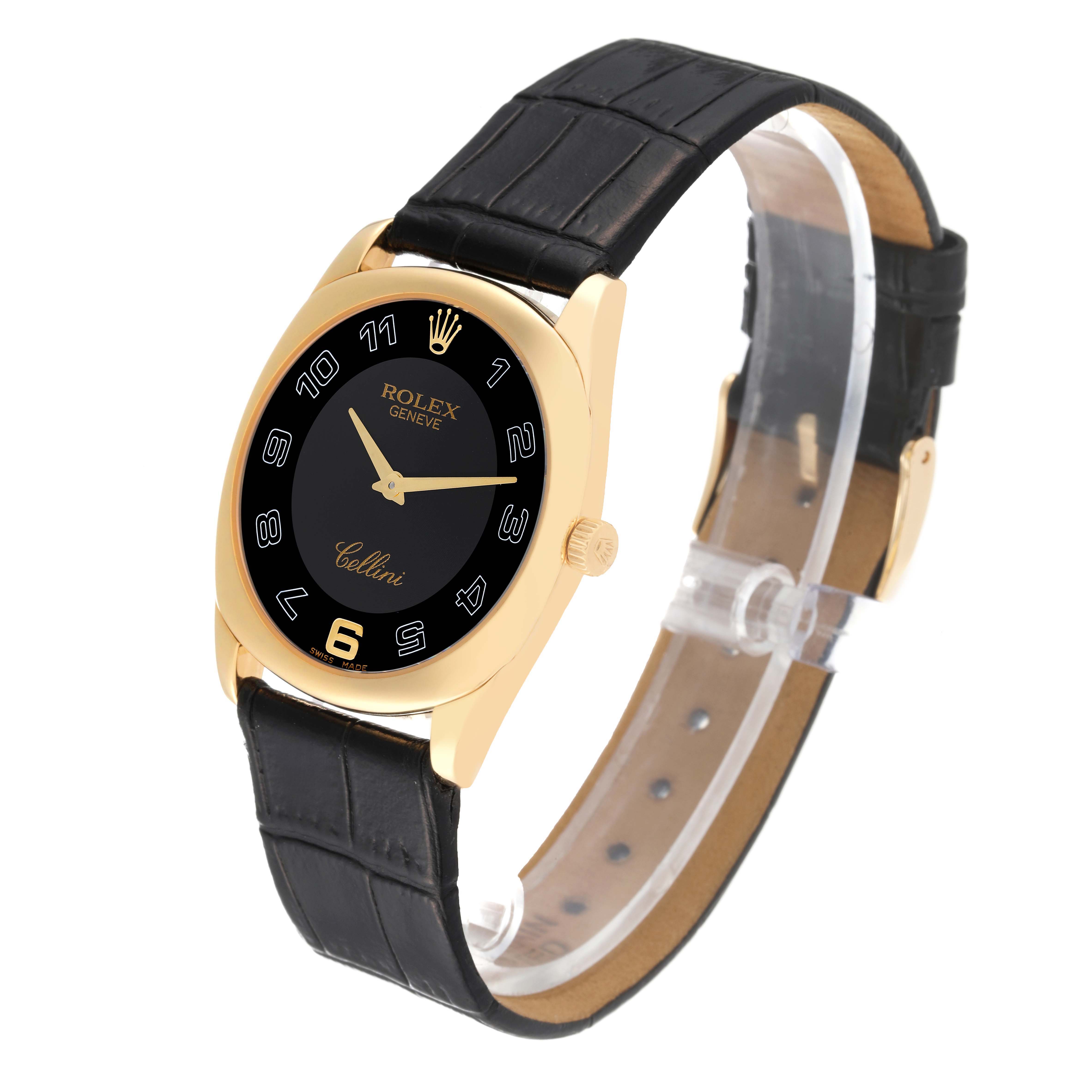 This Rolex Cellini 4233/8 Men's Yellow Gold Black Dial 4233/8 Men's Yellow Gold Black Dial watch is shown at a slight angle, highlighting its face, bezel, strap, and lug details.