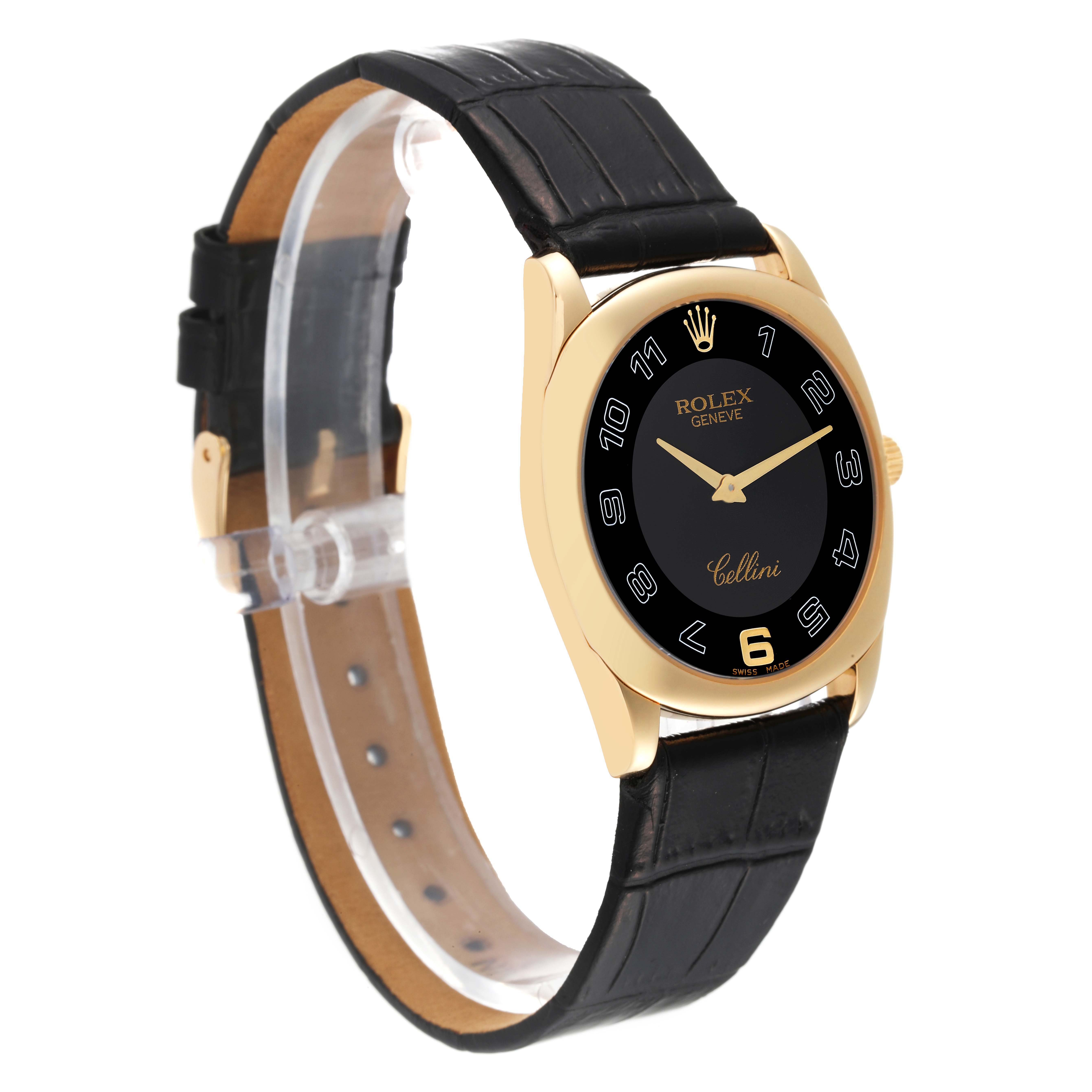 This Rolex Cellini 4233/8 Men's Yellow Gold Black Dial 4233/8 Men's Yellow Gold Black Dial watch is shown at a slight side angle, displaying the black leather strap and gold casing.