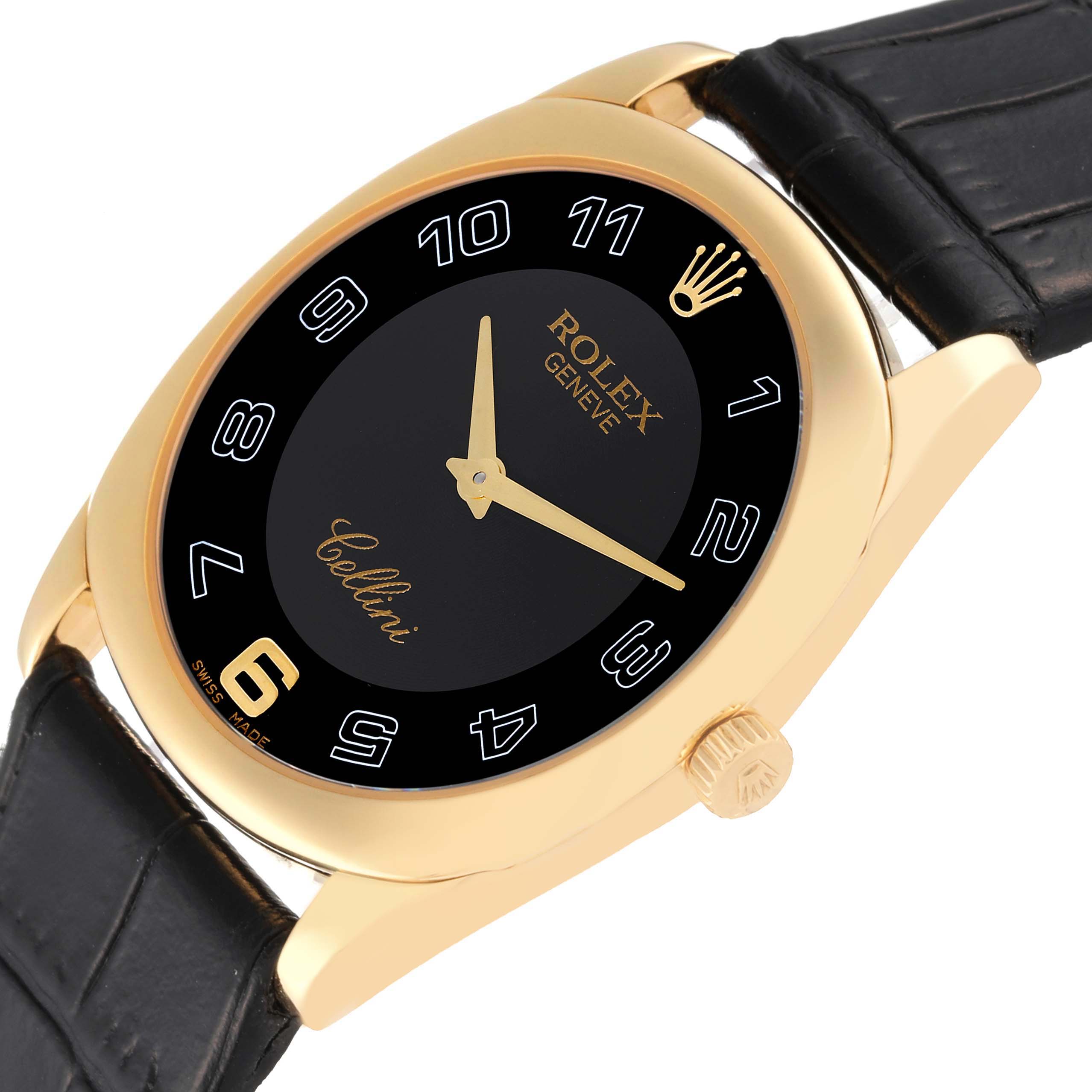 The Rolex Cellini 4233/8 Men's Yellow Gold Black Dial 4233/8 Men's Yellow Gold Black Dial watch is shown at a slight angle, highlighting the dial, bezel, crown, and part of the leather strap.
