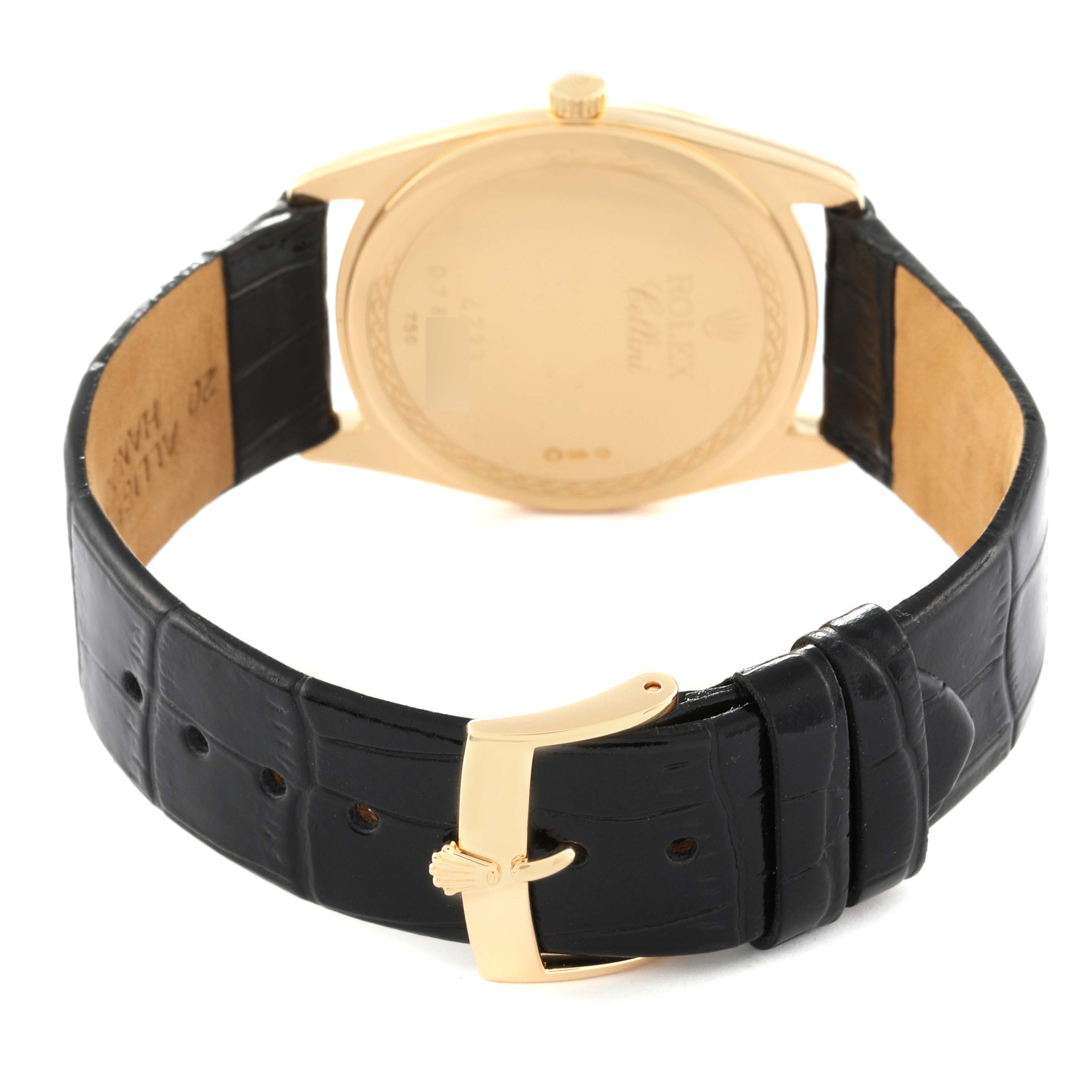 This image shows the back and strap of a Rolex Cellini 4233/8 Men's Yellow Gold Black Dial 4233/8 Men's Yellow Gold Black Dial watch at an angle highlighting the clasp and case back.