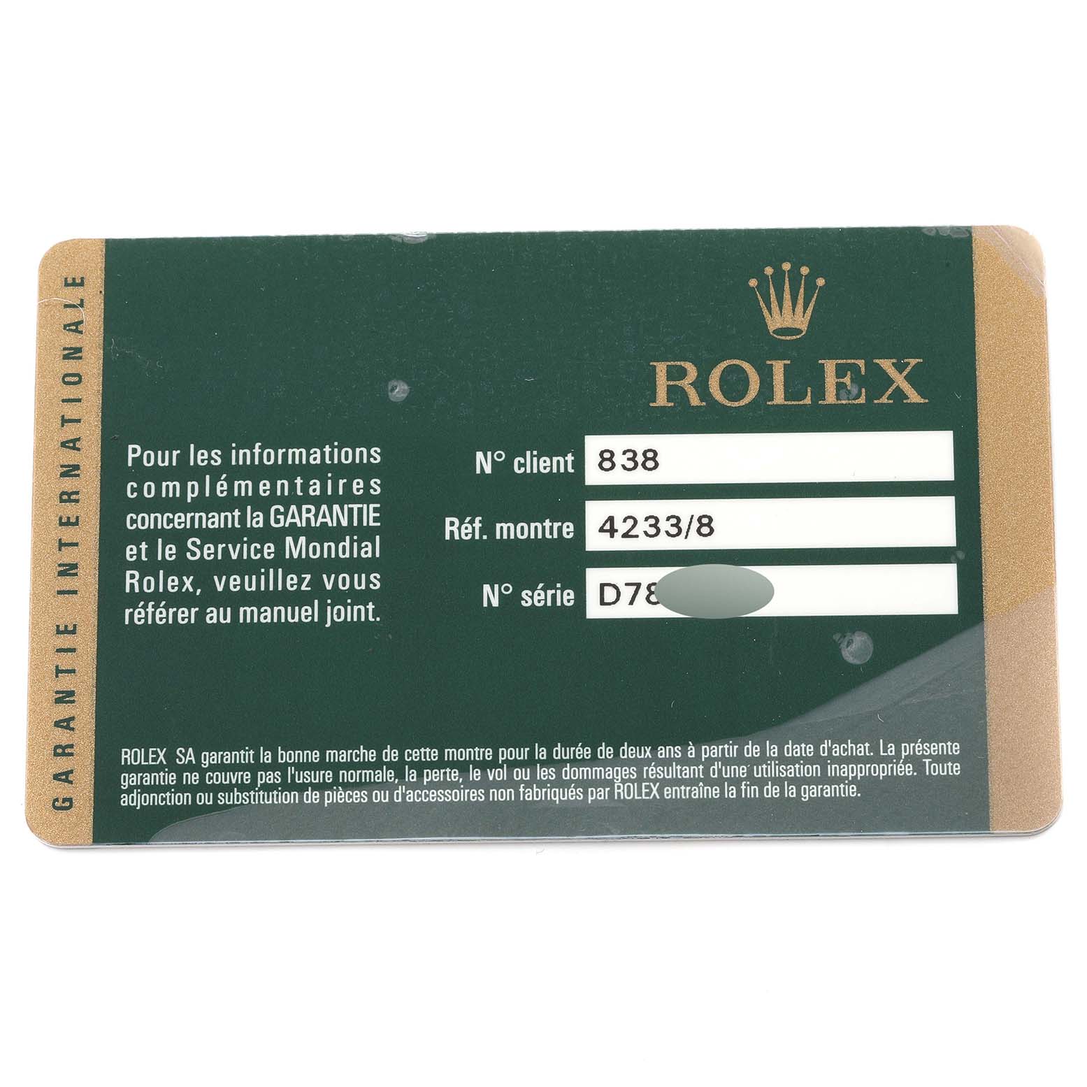 This image shows the official warranty card for a Rolex Cellini 4233/8 Men's Yellow Gold Black Dial 4233/8 Men's Yellow Gold Black Dial model watch.