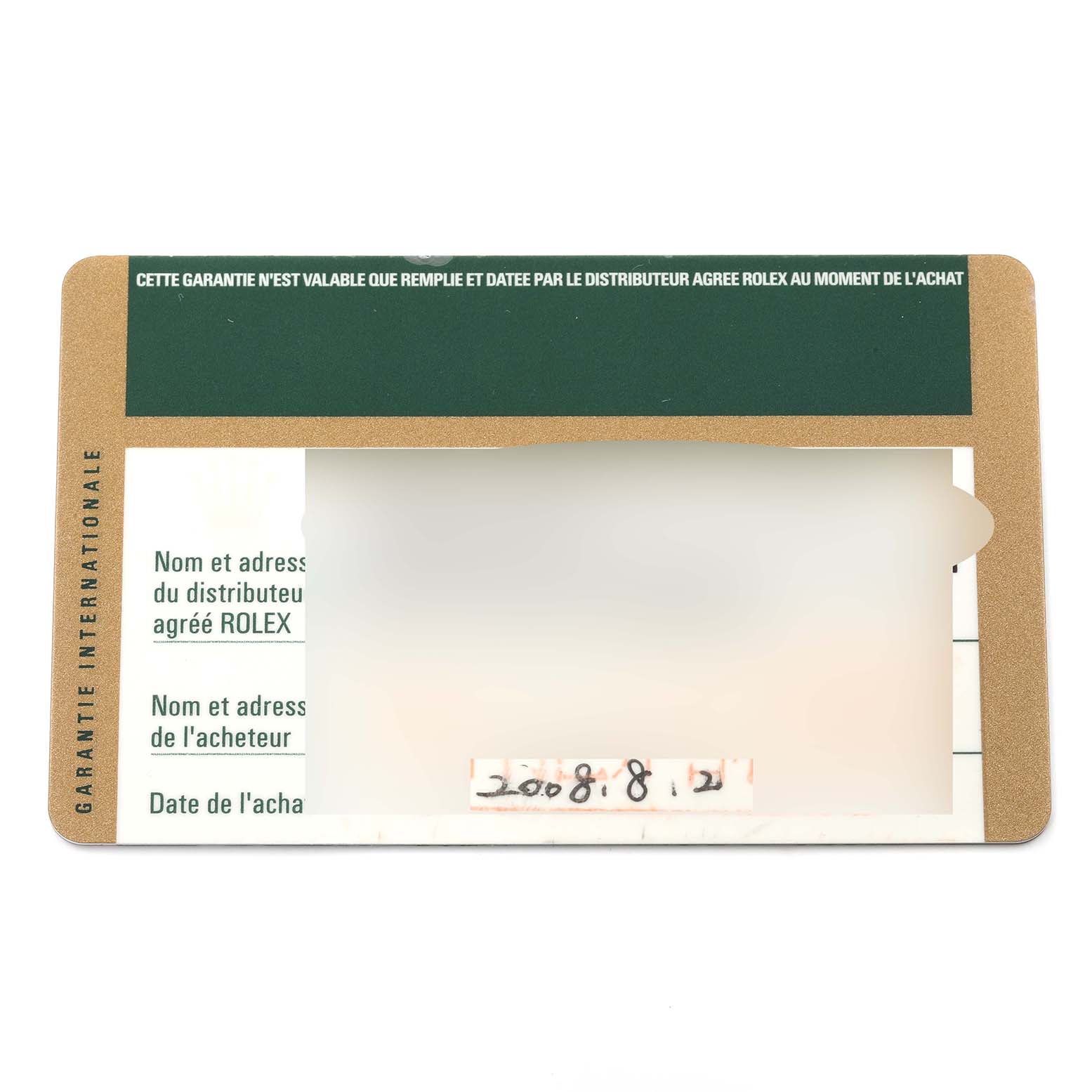 The image shows a guarantee card for the Rolex Cellini 4233/8 Men's Yellow Gold Black Dial 4233/8 Men's Yellow Gold Black Dial watch, featuring text fields for distributor and buyer information.