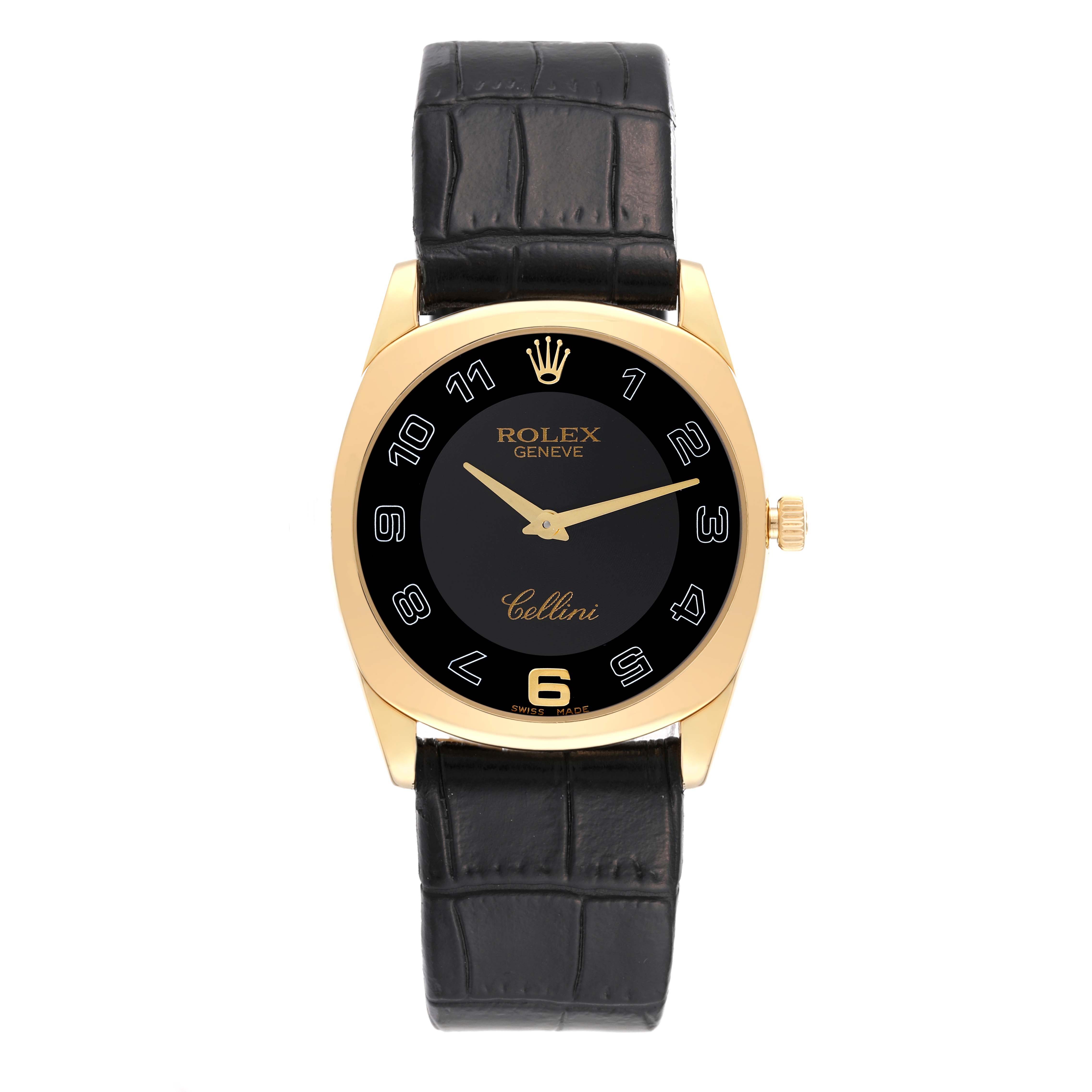 The image shows a frontal view of a Rolex Cellini 4233/8 Men's Yellow Gold Black Dial 4233/8 Men's Yellow Gold Black Dial watch, featuring a gold case, black dial, and black leather strap.