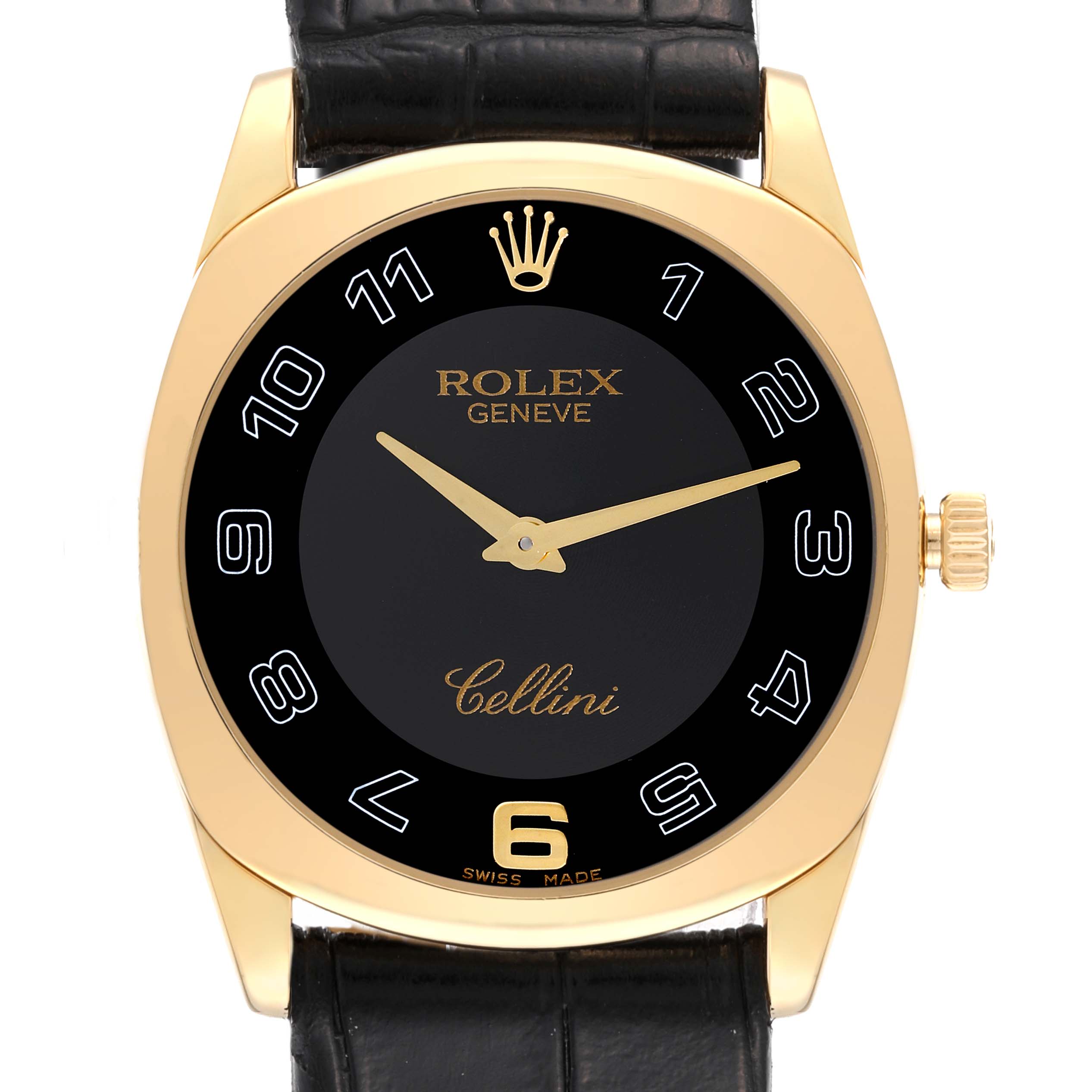The image shows a front view of the Rolex Cellini 4233/8 Men's Yellow Gold Black Dial 4233/8 Men's Yellow Gold Black Dial watch, highlighting its black dial, gold casing, and black leather strap.