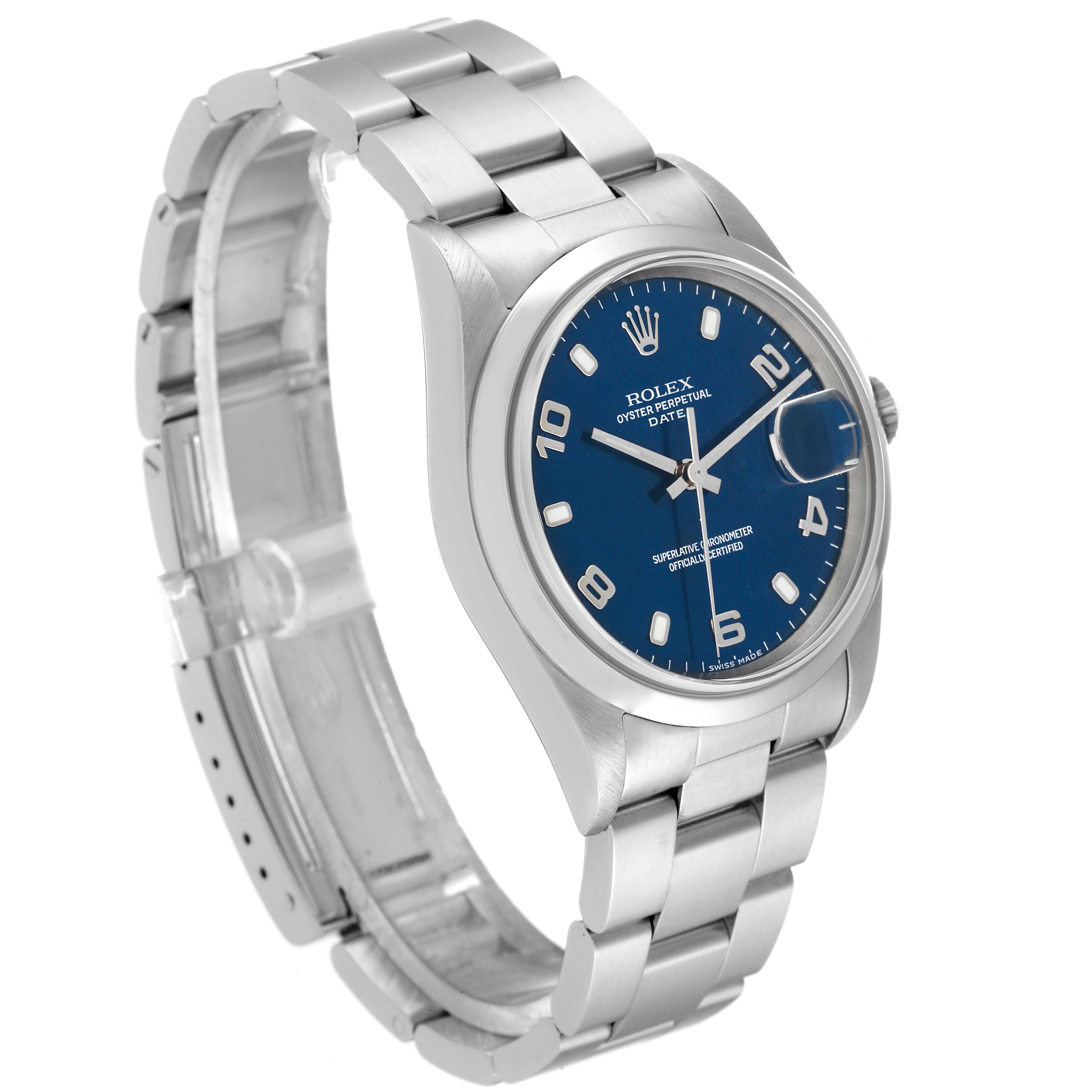 This image shows a Rolex Date 15200 Men's Stainless Steel Blue Dial 15200 Men's Stainless Steel Blue Dial model watch at a three-quarter angle, highlighting the dial, bezel, and bracelet.
