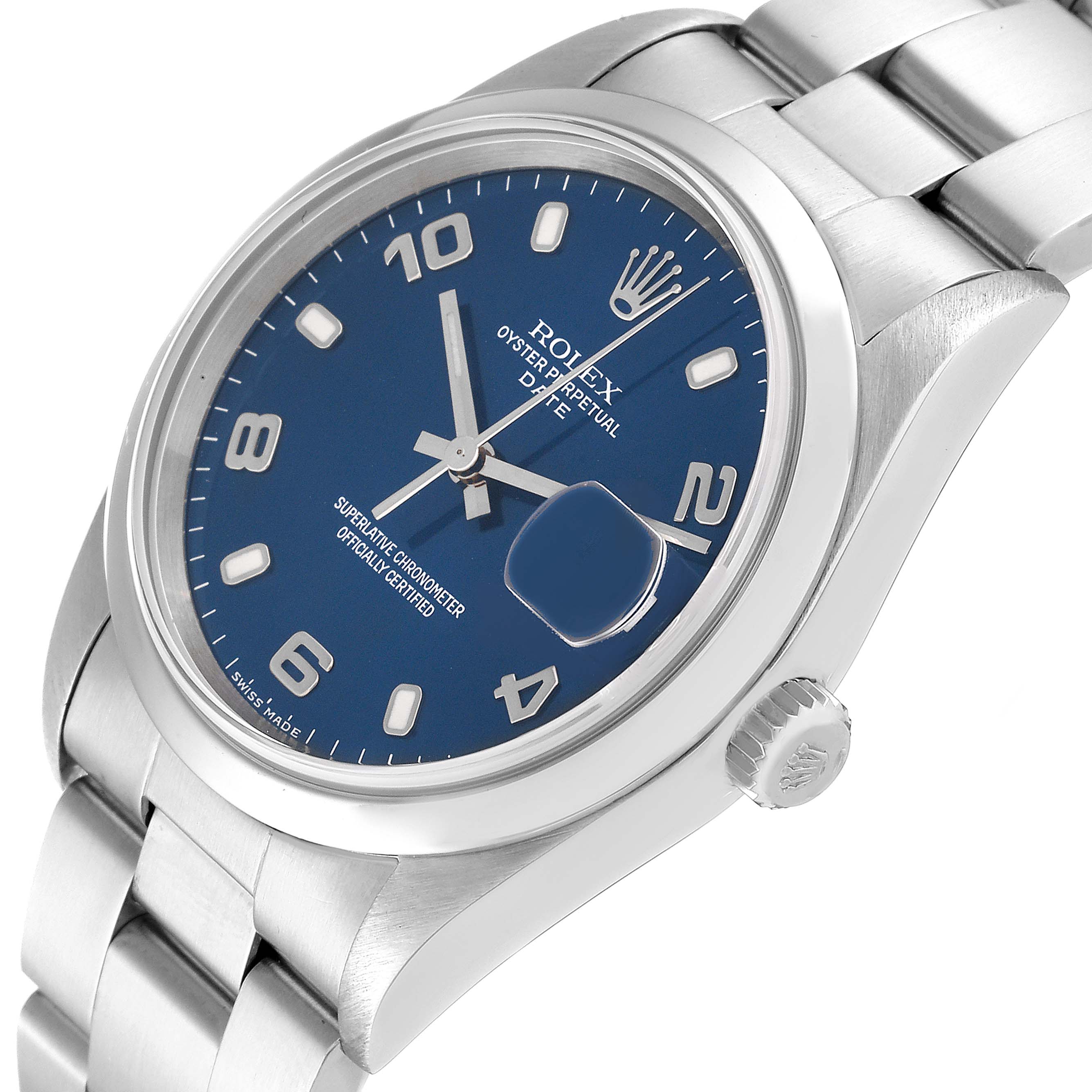 This image shows a close-up of a Rolex Oyster Perpetual Date watch with a blue dial, including the case, dial, bezel, and part of the bracelet.