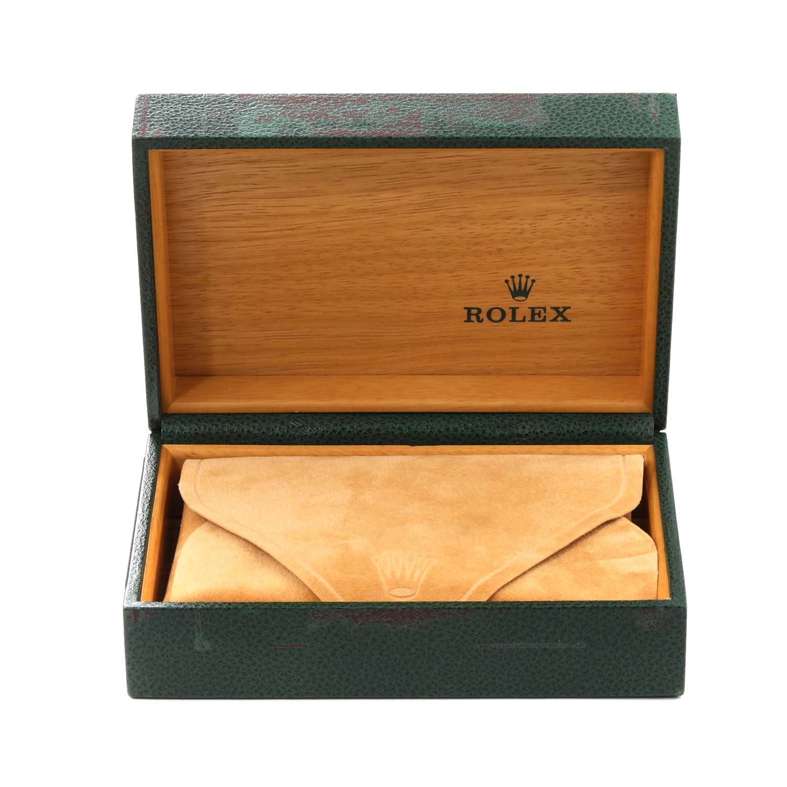 The image shows a Rolex watch box with a closed suede pouch inside, viewed from the front.