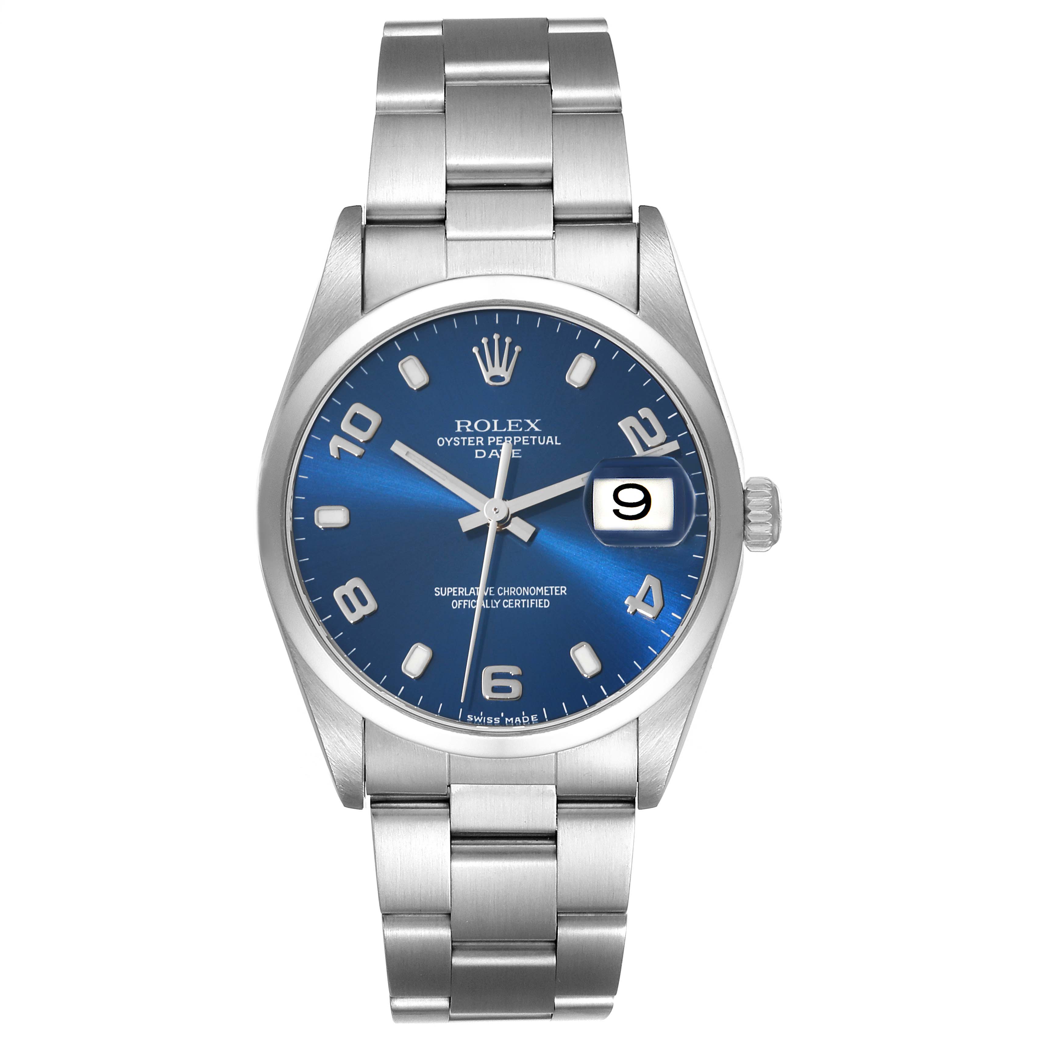 The image shows a front view of a Rolex Date 15200 Men's Stainless Steel Blue Dial 15200 Men's Stainless Steel Blue Dial watch with a blue dial and a stainless steel bracelet.