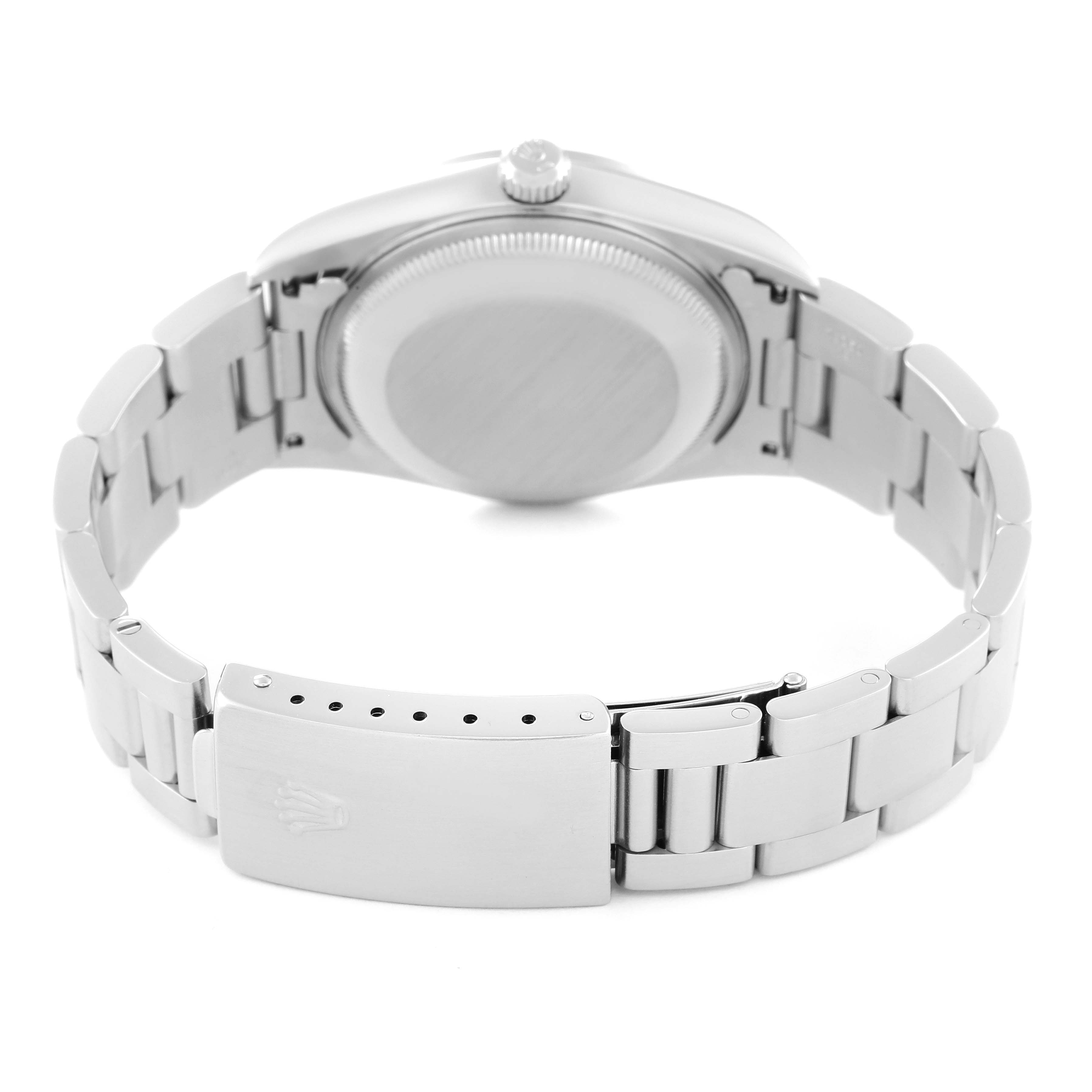 The image shows the back and bracelet of the Rolex Date 15200 Men's Stainless Steel Blue Dial 15200 Men's Stainless Steel Blue Dial watch, highlighting the clasp and case back.