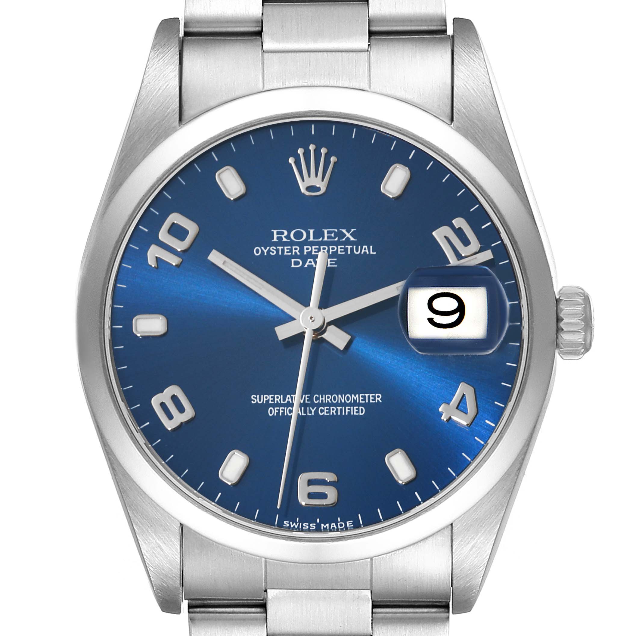 The image shows a front view of the Rolex Date 15200 Men's Stainless Steel Blue Dial 15200 Men's Stainless Steel Blue Dial model watch, displaying the face, hands, crown, and part of the bracelet.