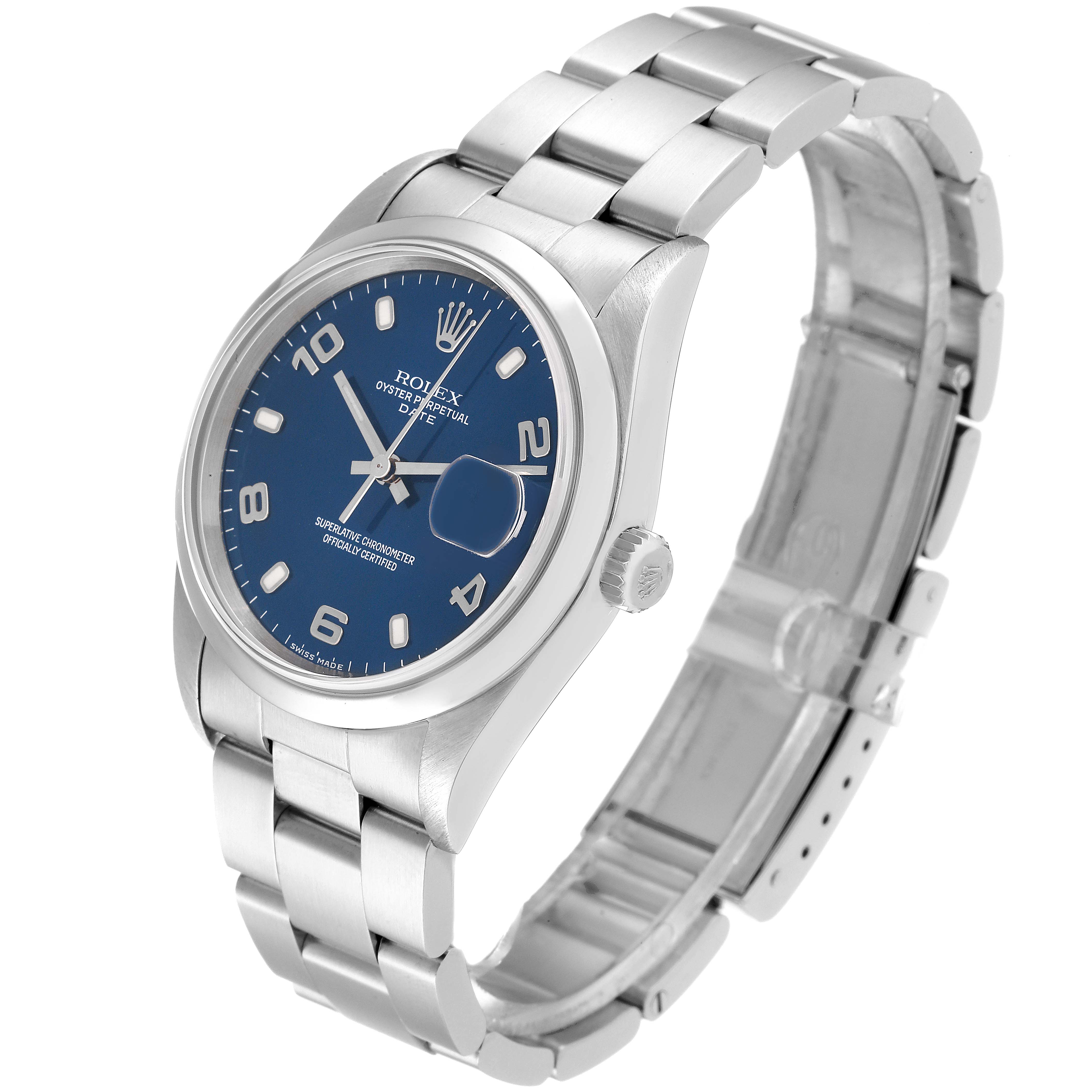 The image shows a Rolex Date 15200 Men's Stainless Steel Blue Dial 15200 Men's Stainless Steel Blue Dial watch model at a slight front angle, highlighting the blue dial and metal bracelet.