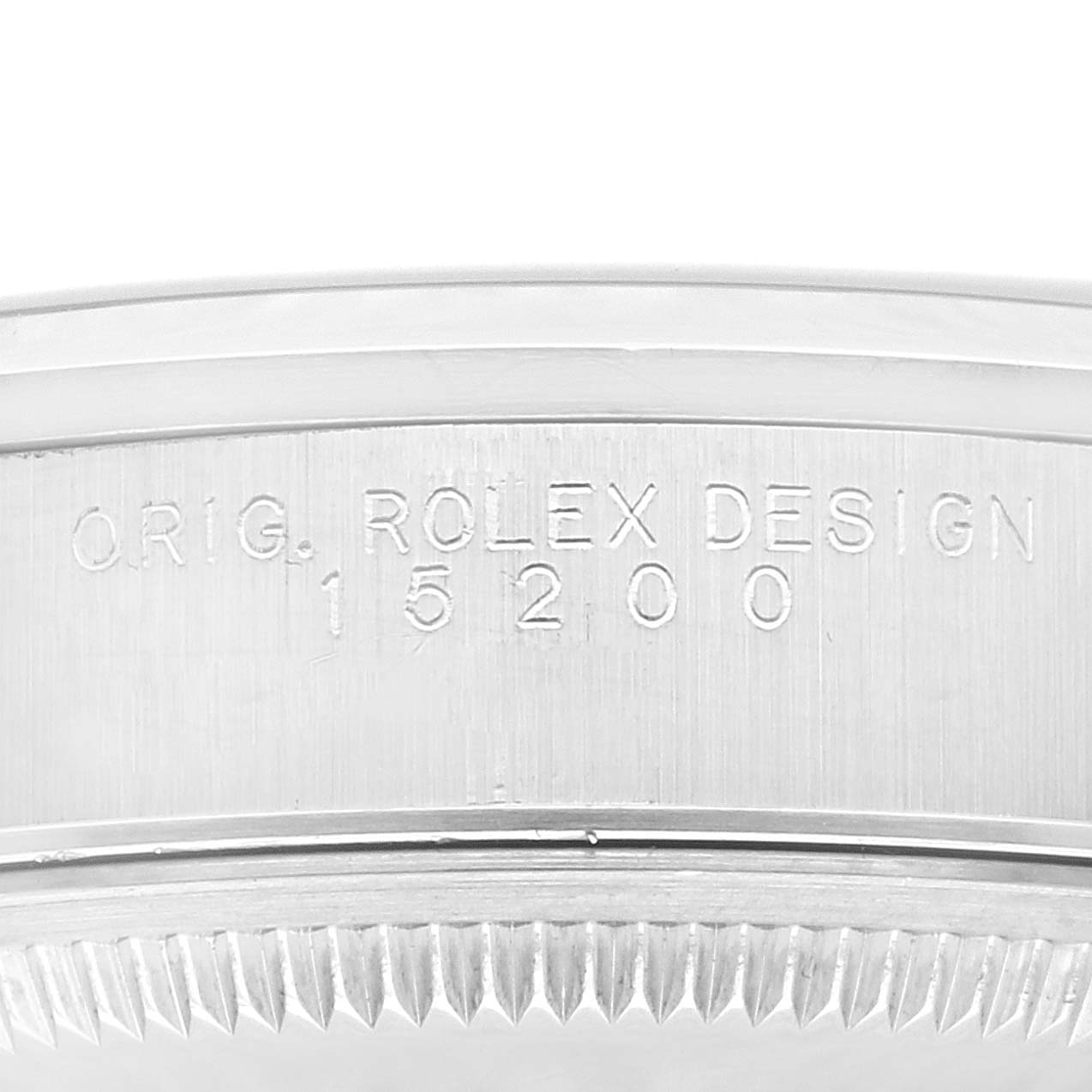 This image shows a close-up of the side of a Rolex Date 15200 Men's Stainless Steel Blue Dial 15200 Men's Stainless Steel Blue Dial model, highlighting the engraved serial number and bezel.