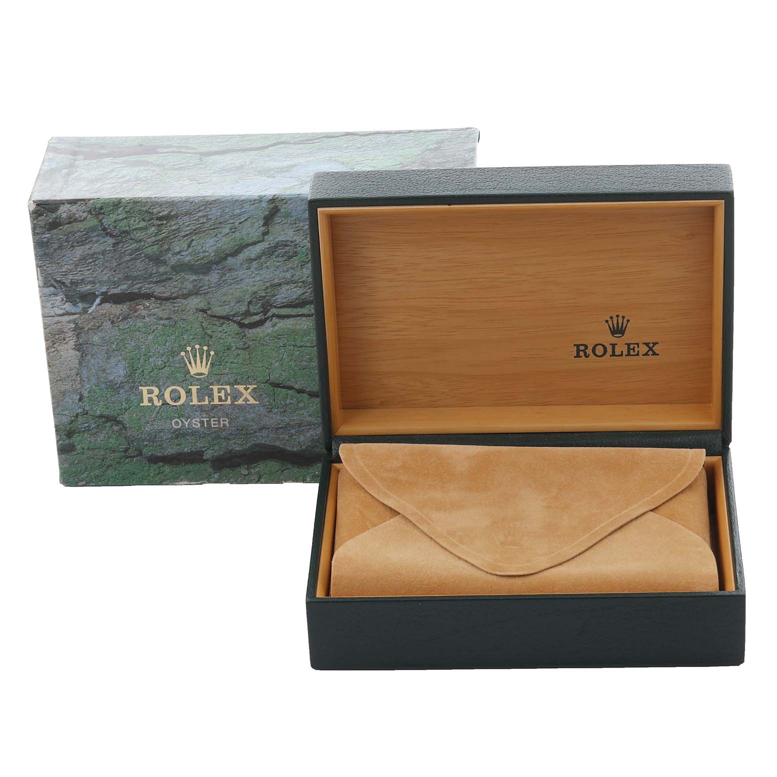 The image shows a Rolex Date 15210 Men's Stainless Steel Silver Dial 15210 Men's Stainless Steel Silver Dial model watch box and suede pouch, viewed from the front.