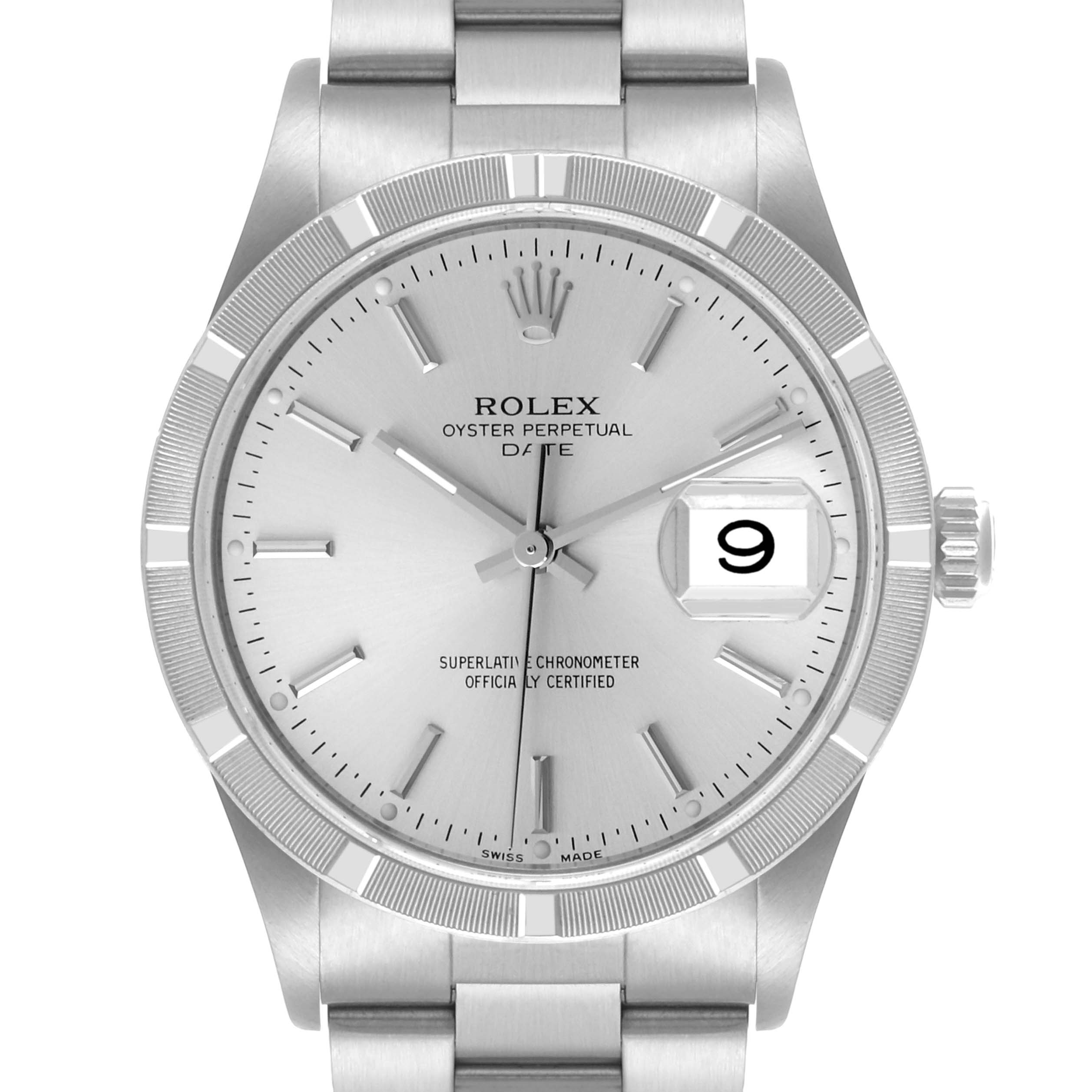 The image shows a front view of the Rolex Date 15210 Men's Stainless Steel Silver Dial 15210 Men's Stainless Steel Silver Dial model, highlighting the dial, hands, date window, and bracelet.