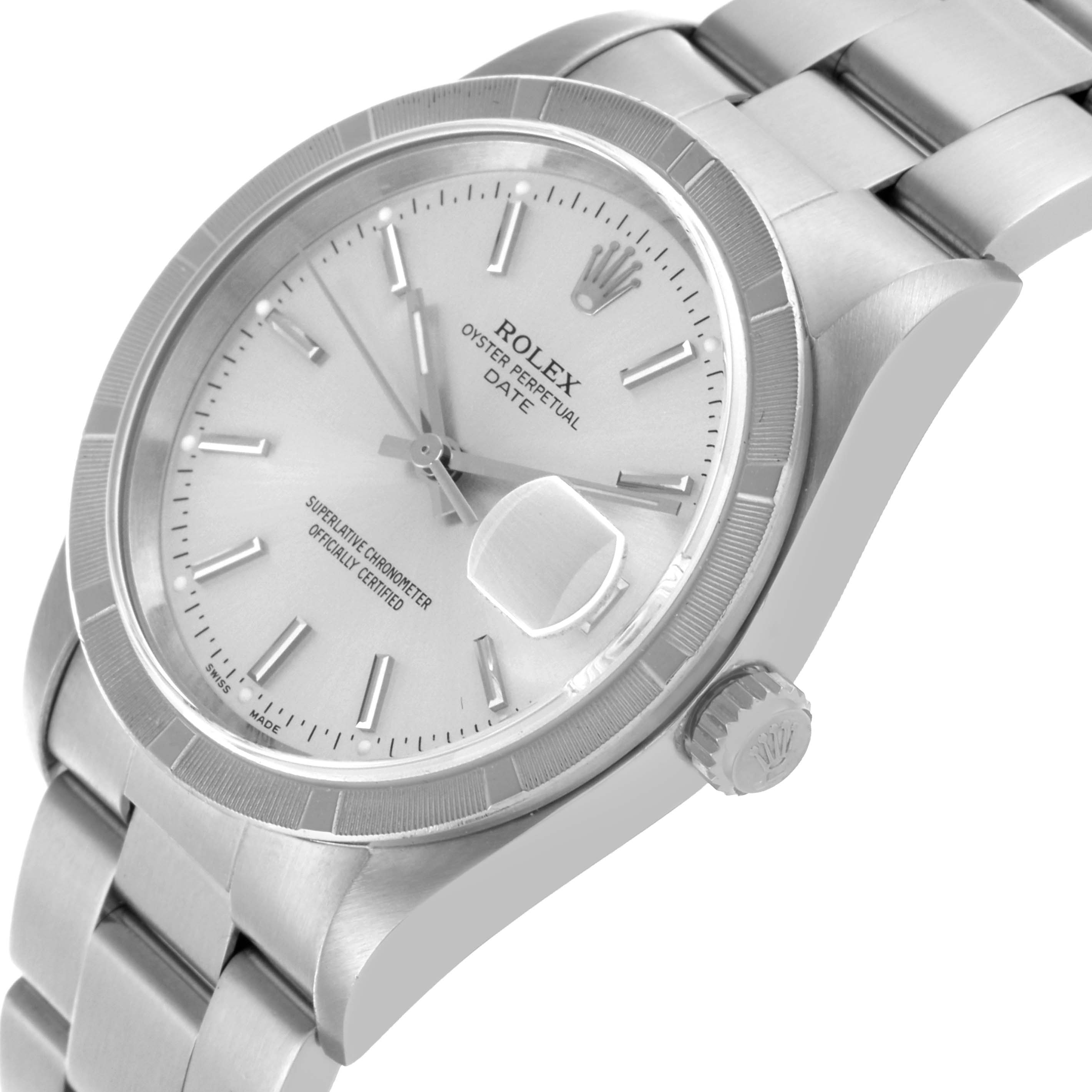 The Rolex Date 15210 Men's Stainless Steel Silver Dial 15210 Men's Stainless Steel Silver Dial watch is shown at a three-quarter angle, displaying the dial, bezel, crown, and bracelet.