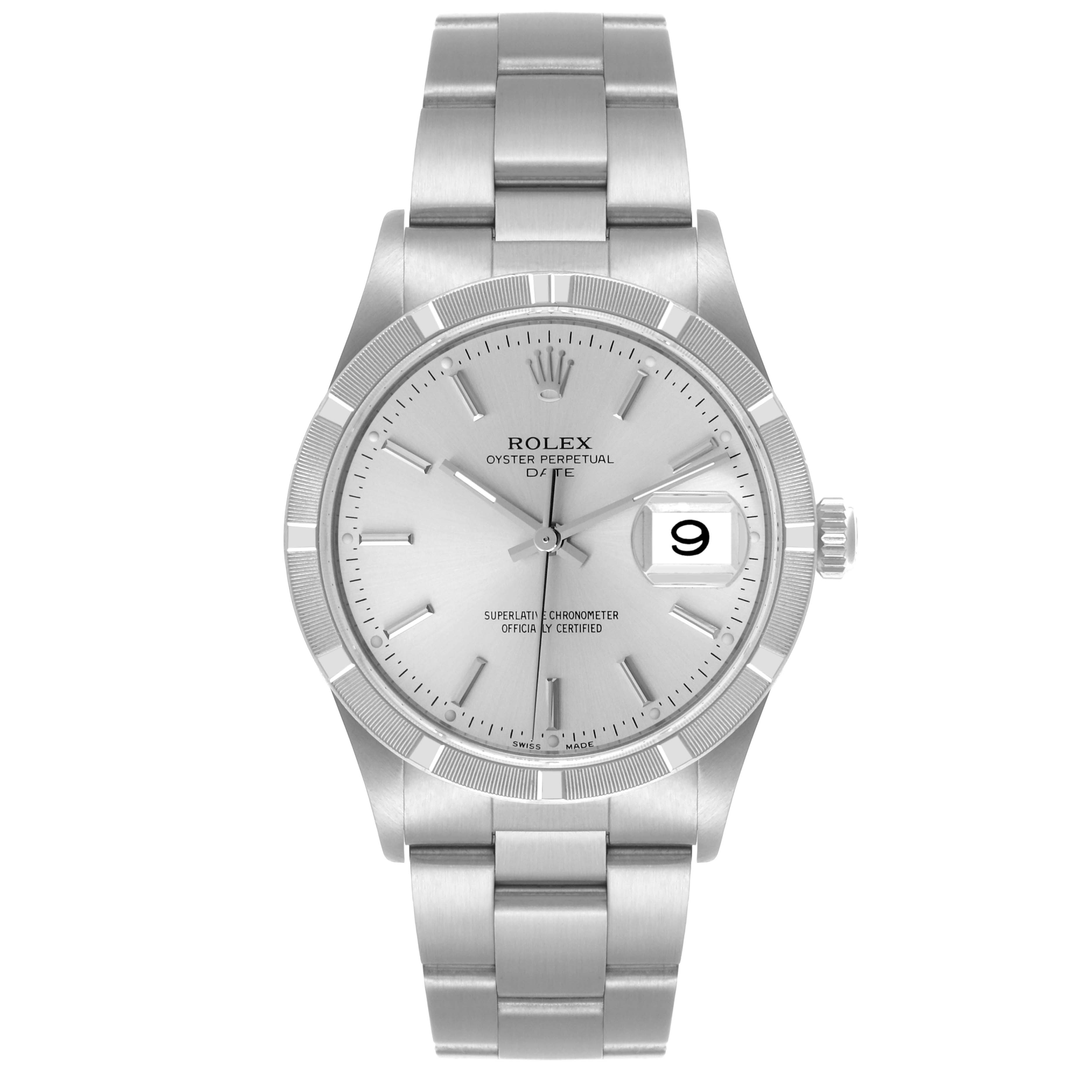 The Rolex Date 15210 Men's Stainless Steel Silver Dial 15210 Men's Stainless Steel Silver Dial model is shown from the front, displaying the dial, bezel, bracelet, and date window.