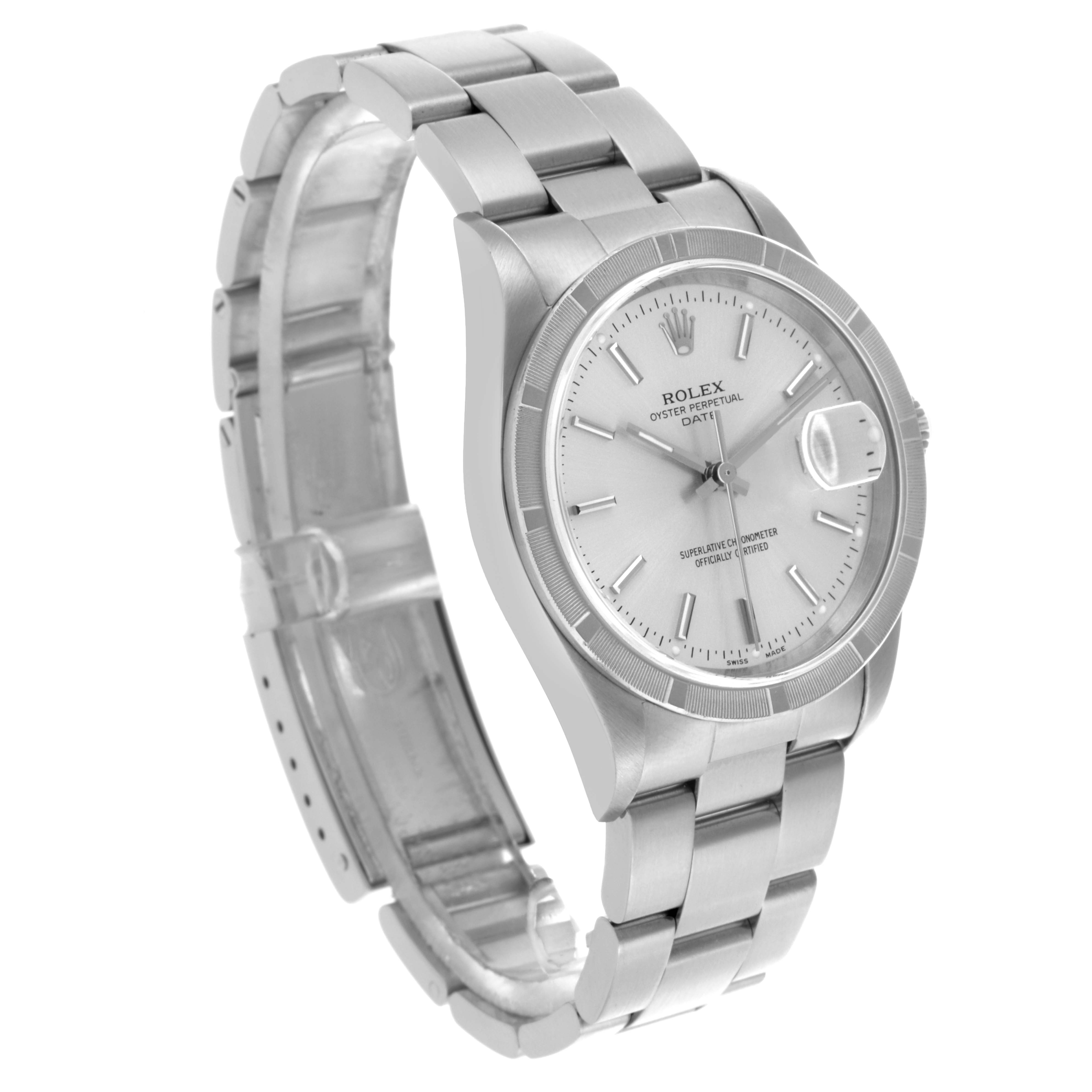 The Rolex Date 15210 Men's Stainless Steel Silver Dial 15210 Men's Stainless Steel Silver Dial watch is shown at a three-quarter angle, highlighting the bracelet, dial, and date magnifier.