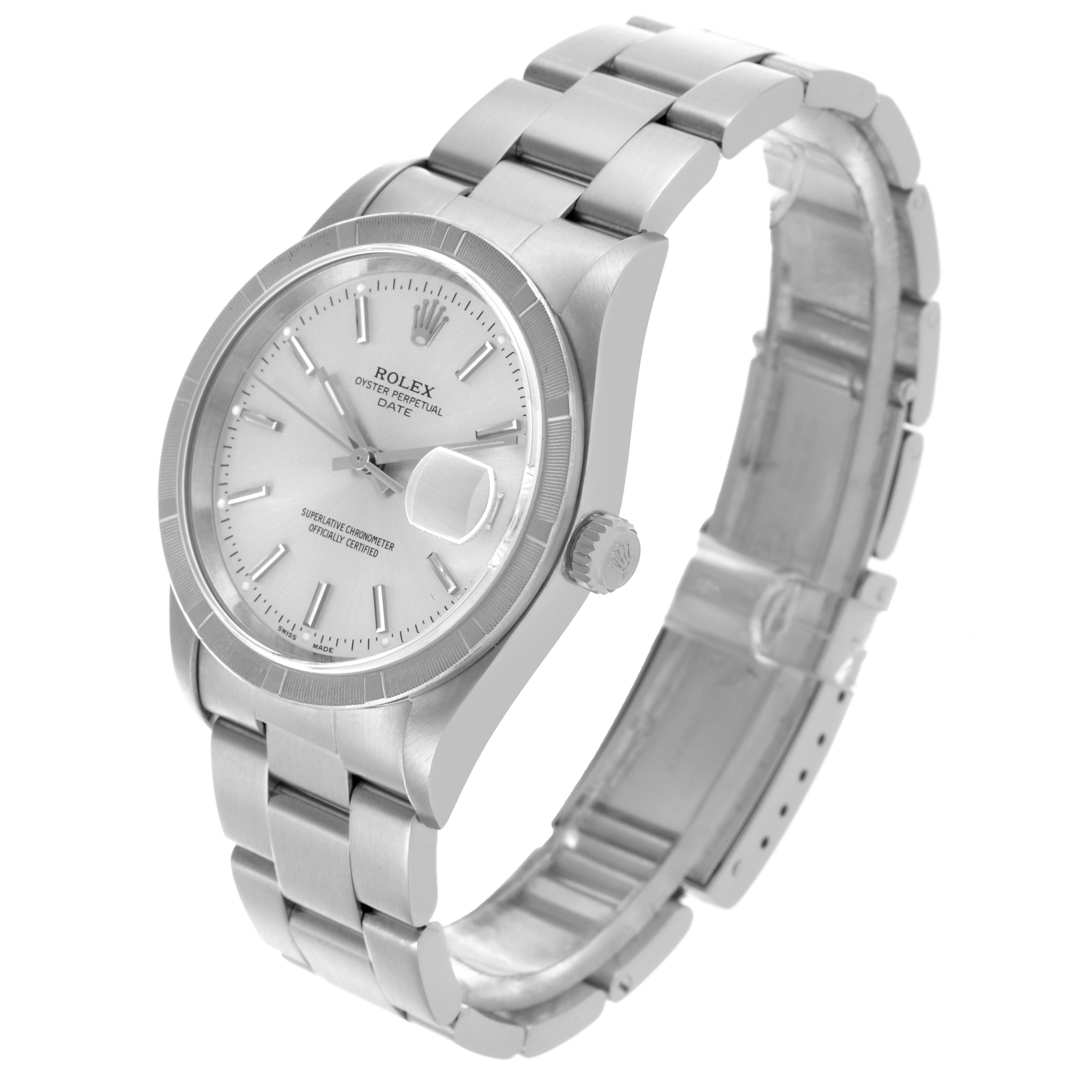 The image shows a Rolex Date 15210 Men's Stainless Steel Silver Dial 15210 Men's Stainless Steel Silver Dial model watch from a three-quarter angle, displaying the bracelet, crown, and face.
