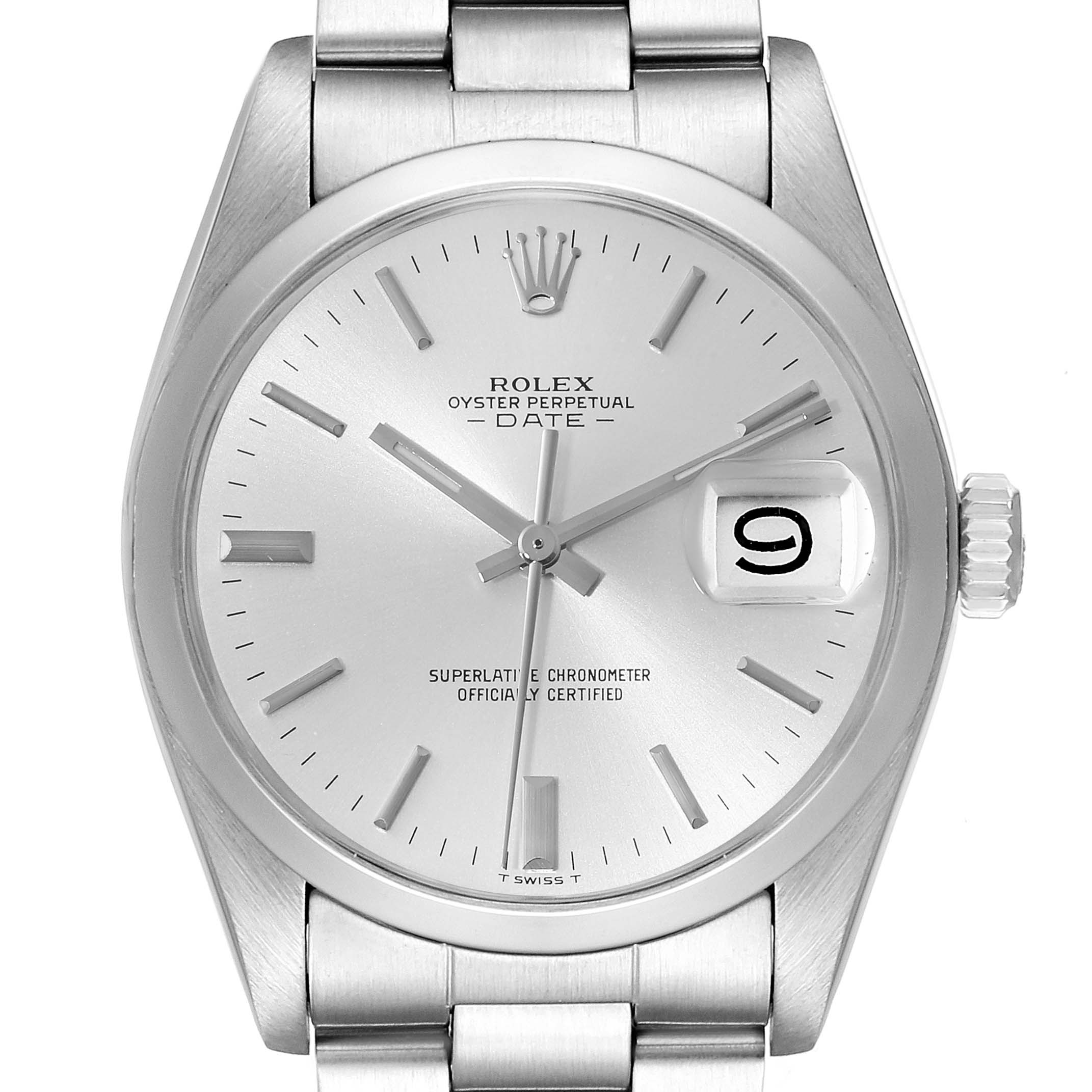 This is a front view of the Rolex Vintage Collection 1500 Men's Stainless Steel Silver Dial 1500 Men's Stainless Steel Silver Dial model, showing the face, date window, crown, and part of the bracelet.