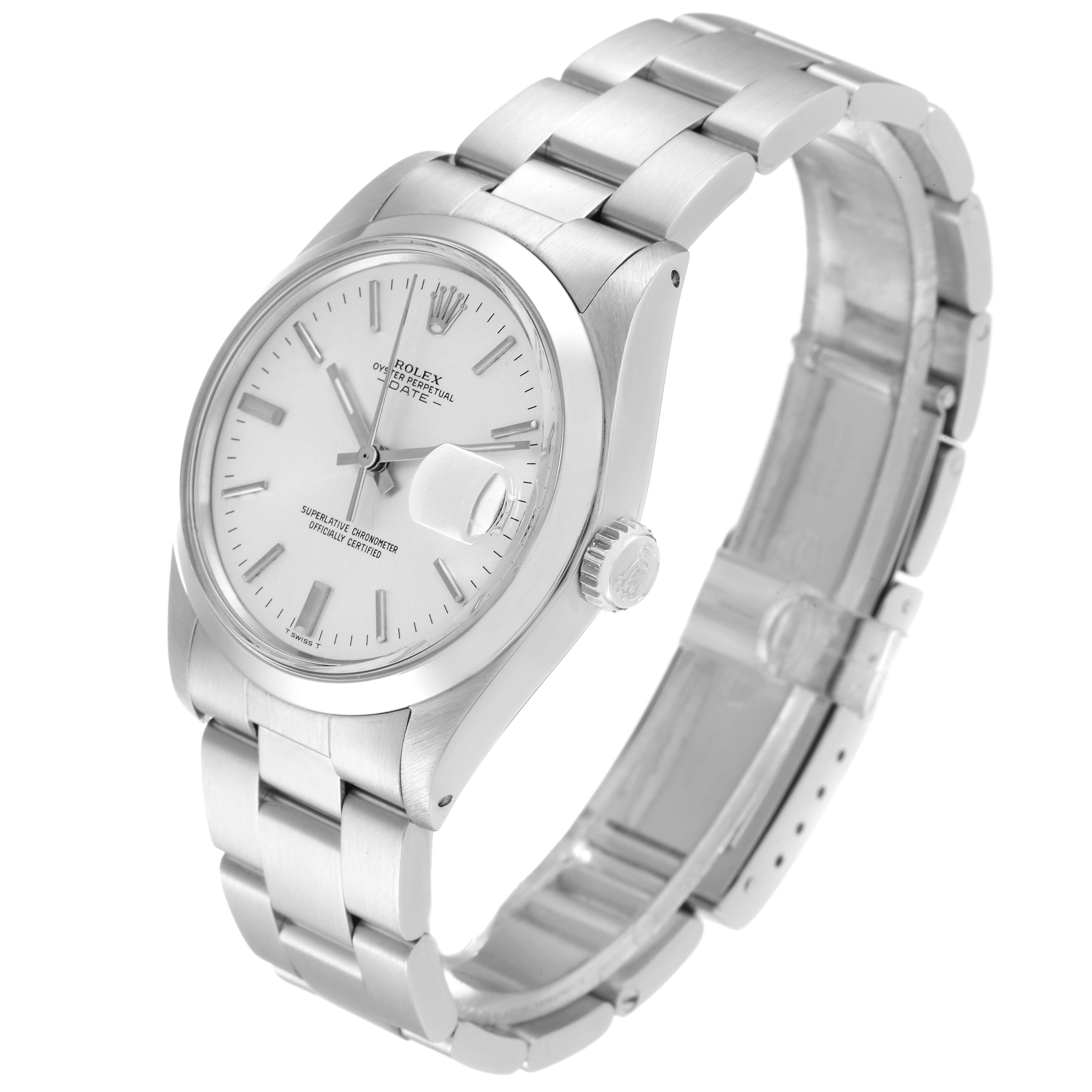 The image shows a Rolex Vintage Collection 1500 Men's Stainless Steel Silver Dial 1500 Men's Stainless Steel Silver Dial watch at a three-quarter angle, capturing the dial, bezel, crown, and bracelet.