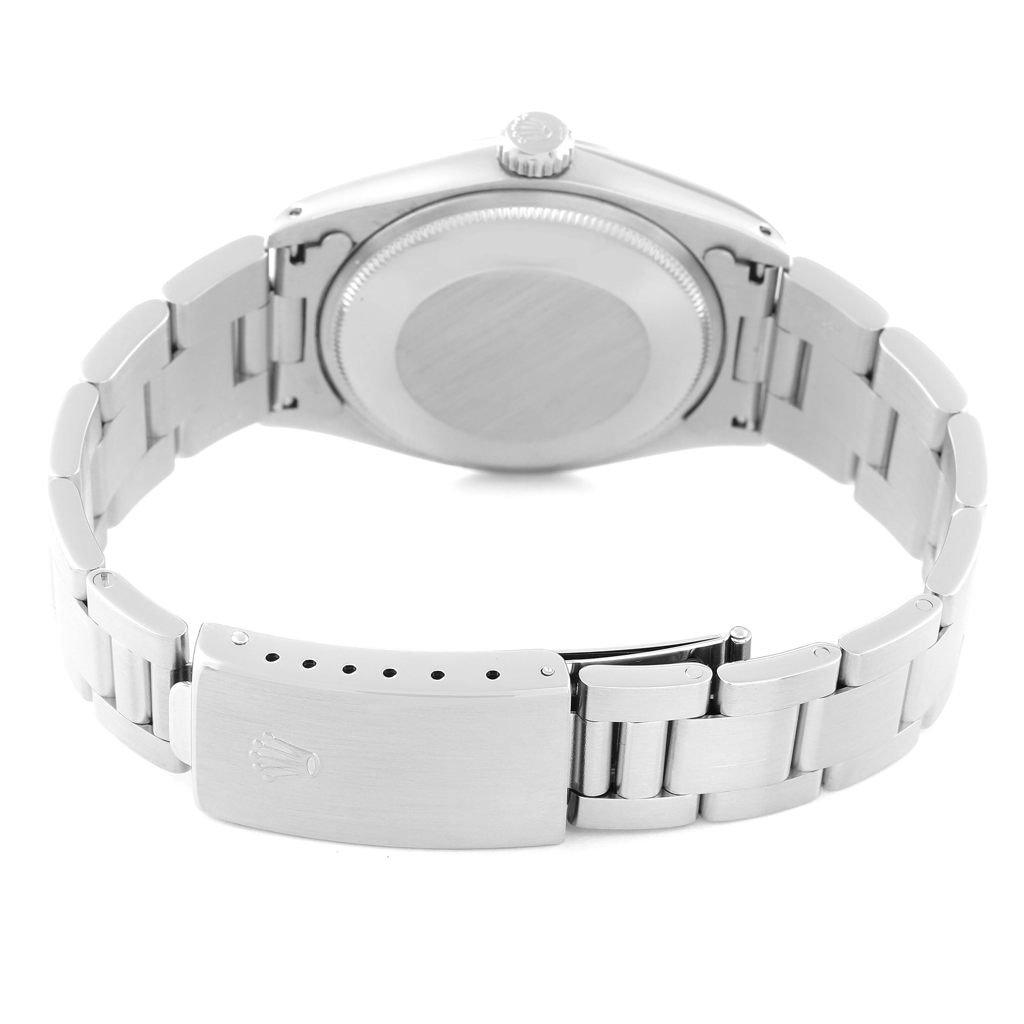 The image shows the back view of the Rolex Vintage Collection 1500 Men's Stainless Steel Silver Dial 1500 Men's Stainless Steel Silver Dial model watch, highlighting the case back and clasp.