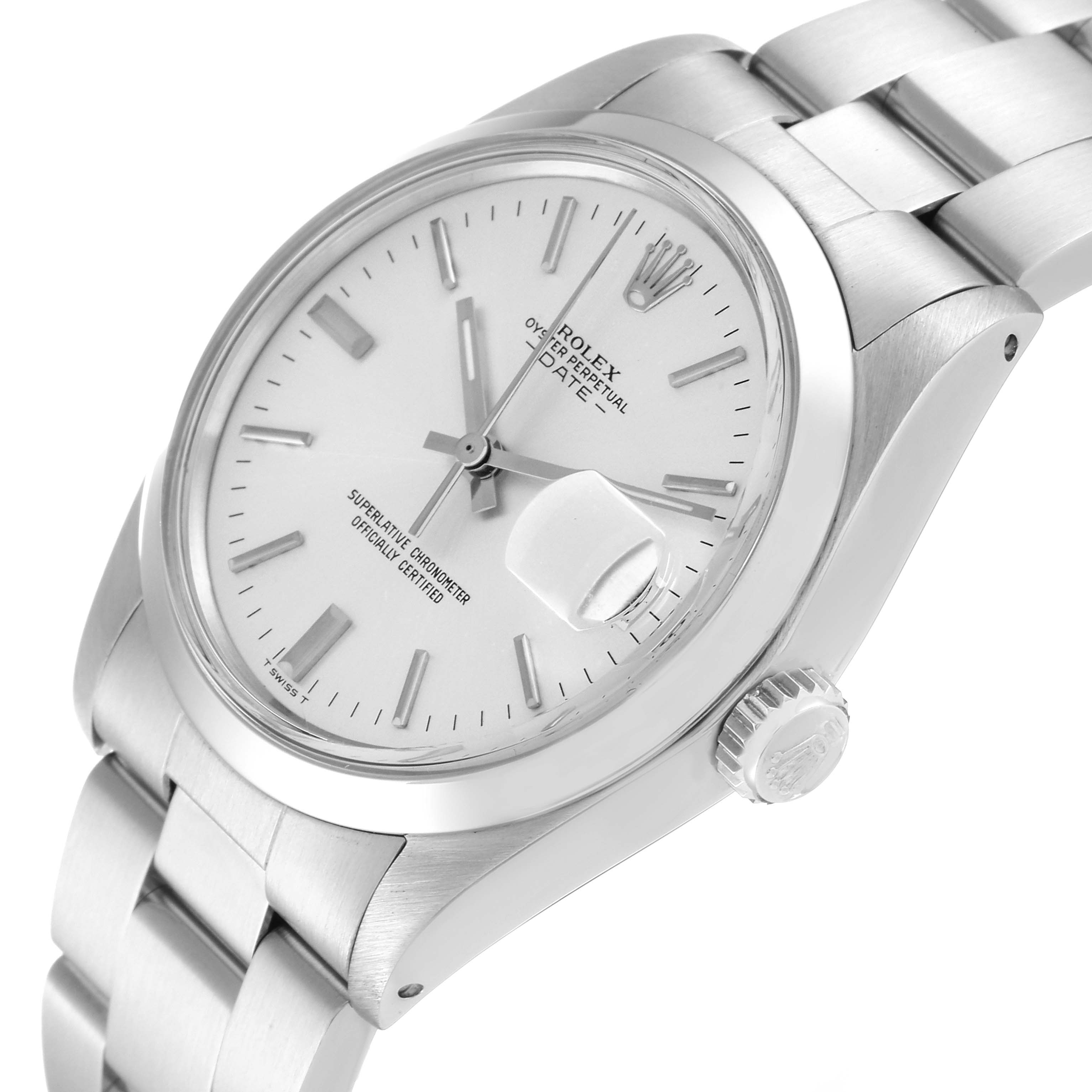 The image displays a side angle of the Rolex Vintage Collection 1500 Men's Stainless Steel Silver Dial 1500 Men's Stainless Steel Silver Dial watch, highlighting the face, dial, bracelet, and crown.