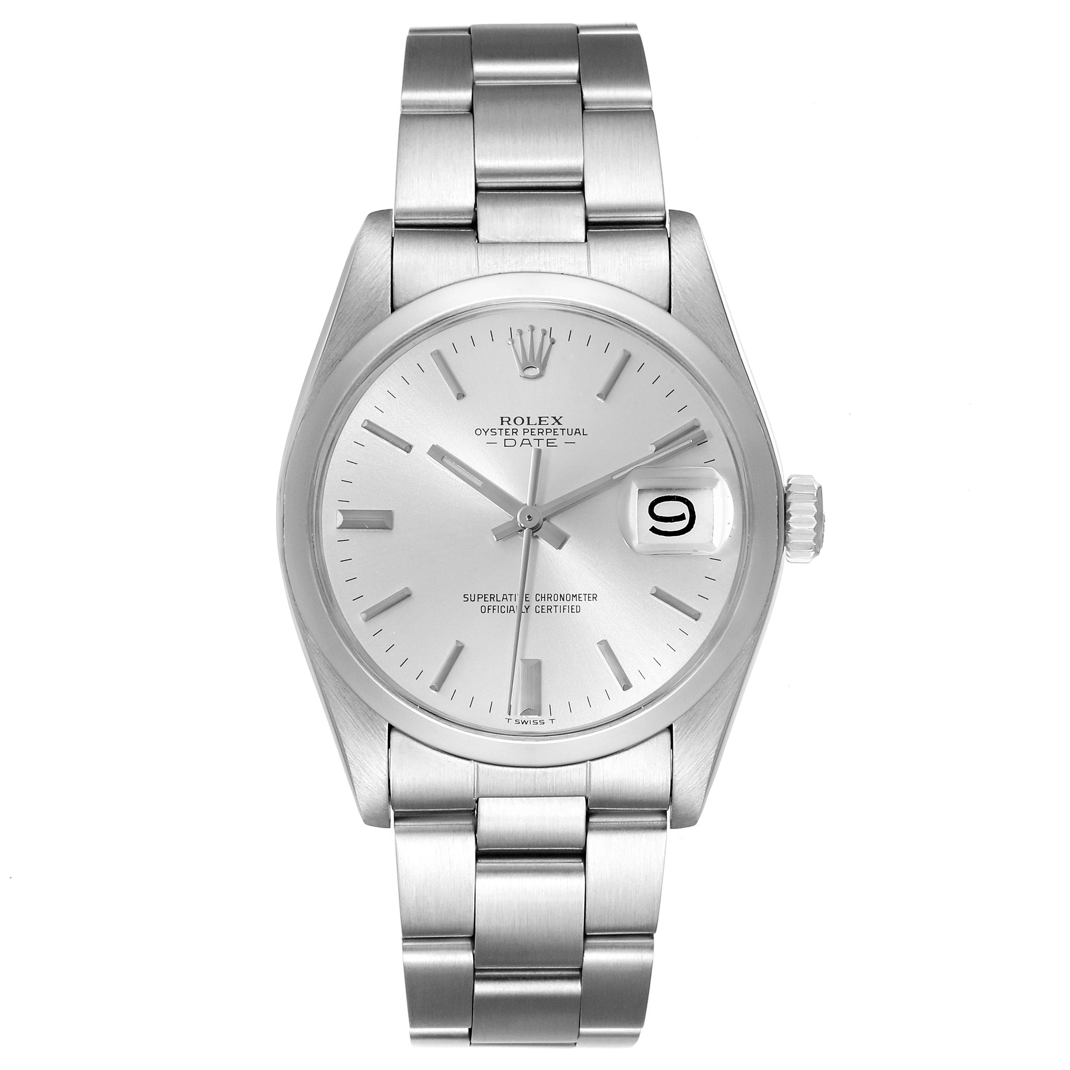 The image shows a front view of a Rolex Vintage Collection 1500 Men's Stainless Steel Silver Dial 1500 Men's Stainless Steel Silver Dial model watch, featuring the dial, hands, bracelet, and crown.