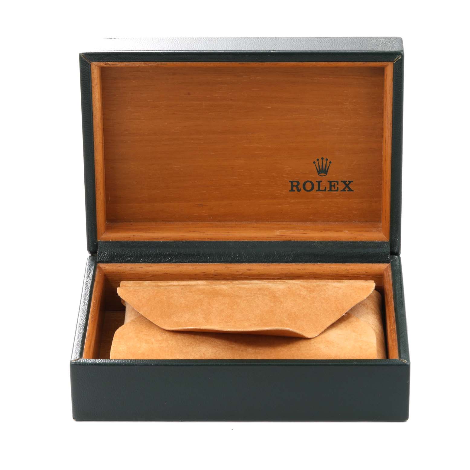 The image shows an open Rolex Vintage Collection 1500 Men's Stainless Steel Silver Dial 1500 Men's Stainless Steel Silver Dial watch box, with the interior partially containing a brown protective cover.